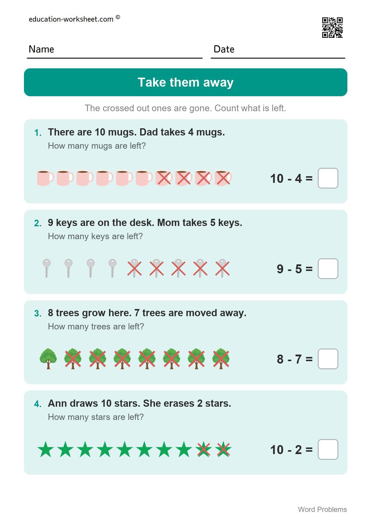 Subtraction word problems (Set 10) - Free Word Problems Worksheets for Kindergarten - Add, Subtract