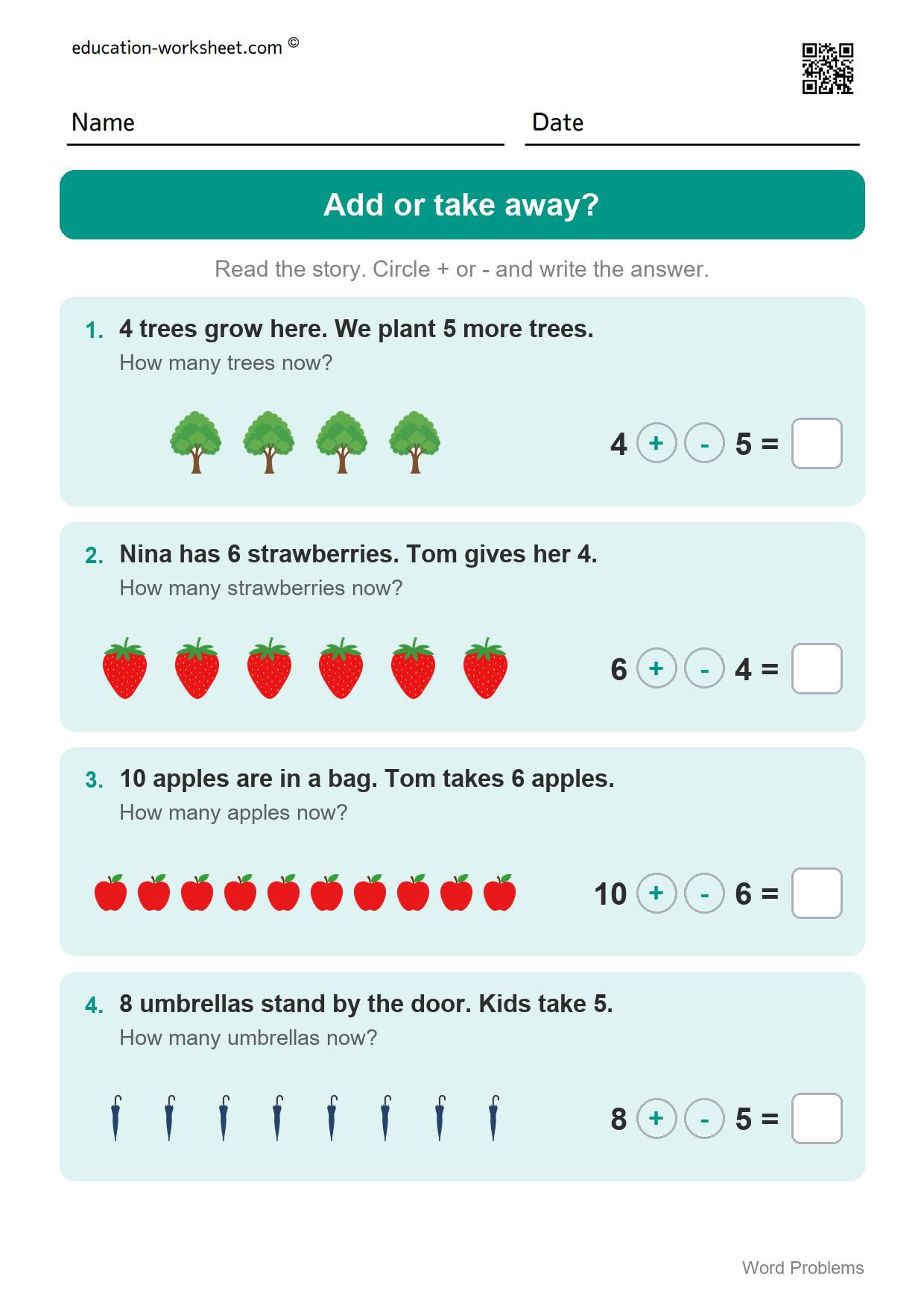 Choose add or subtract (Set 11) - Free Word Problems Worksheets for Kindergarten - Add, Subtract