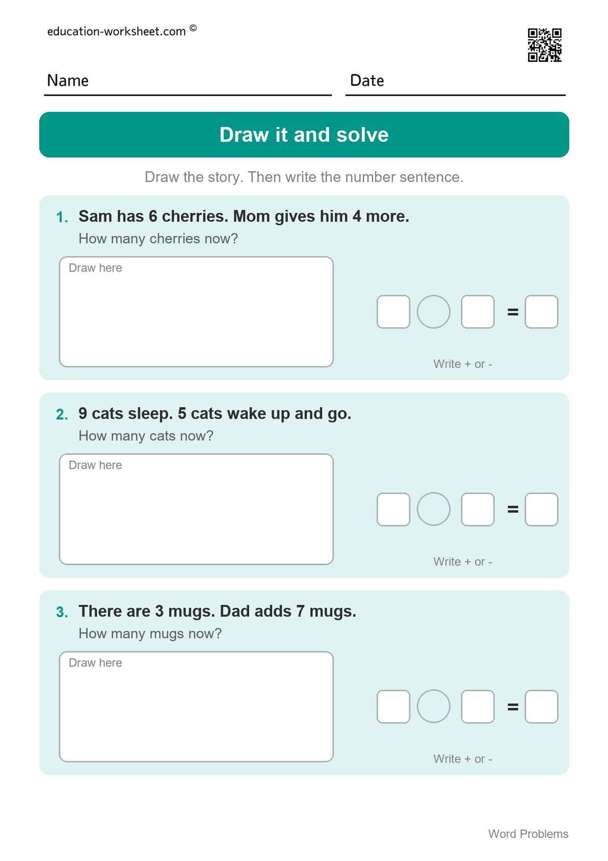 Draw it and solve (Set 12) - Free Word Problems Worksheets for Kindergarten - Add, Subtract