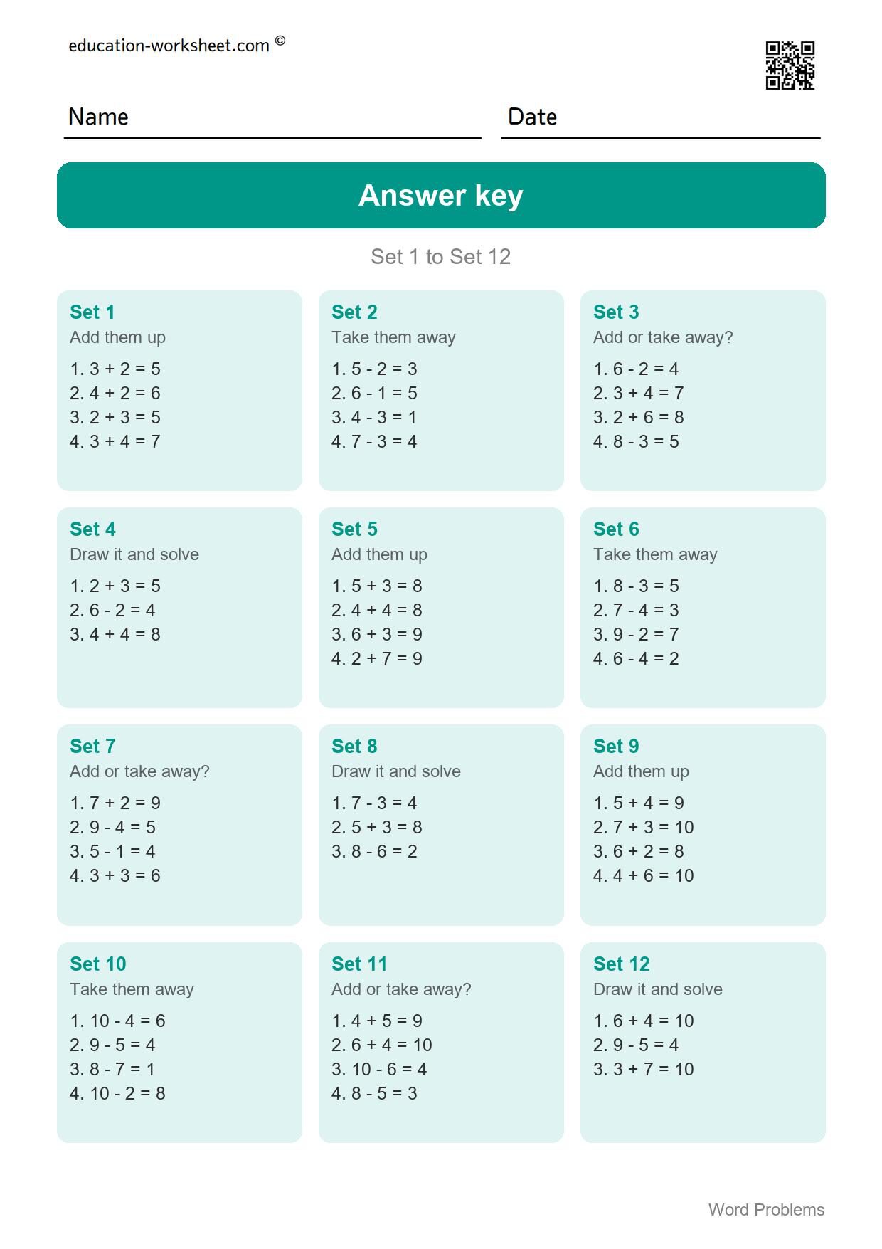 Answer key - Free Word Problems Worksheets for Kindergarten - Add, Subtract
