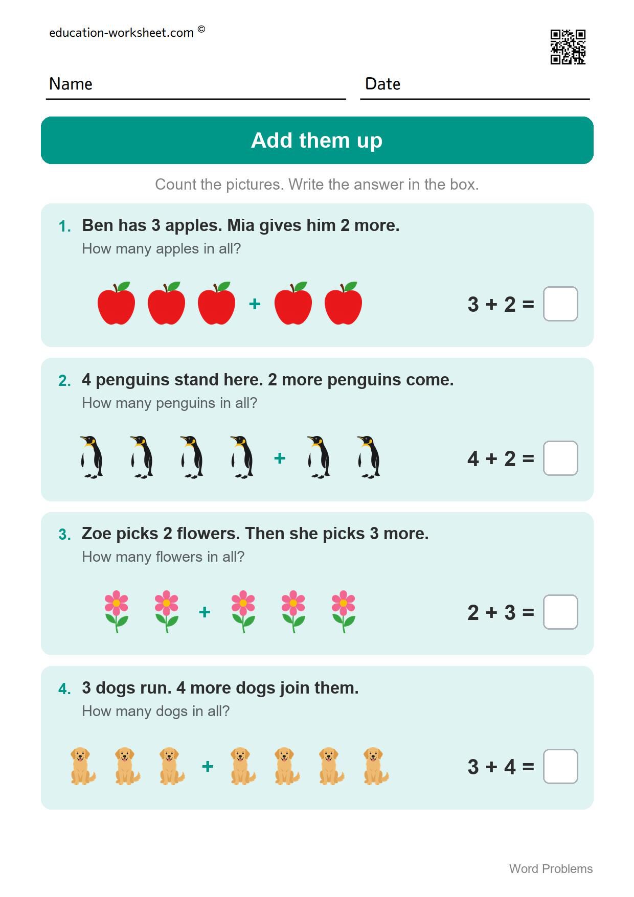 Addition word problems (Set 1) - Free Word Problems Worksheets for Kindergarten - Add, Subtract