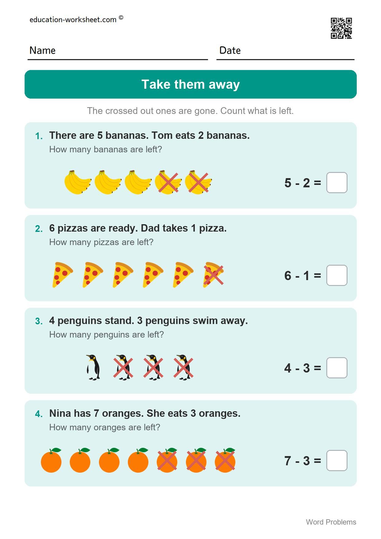 Subtraction word problems (Set 2) - Free Word Problems Worksheets for Kindergarten - Add, Subtract