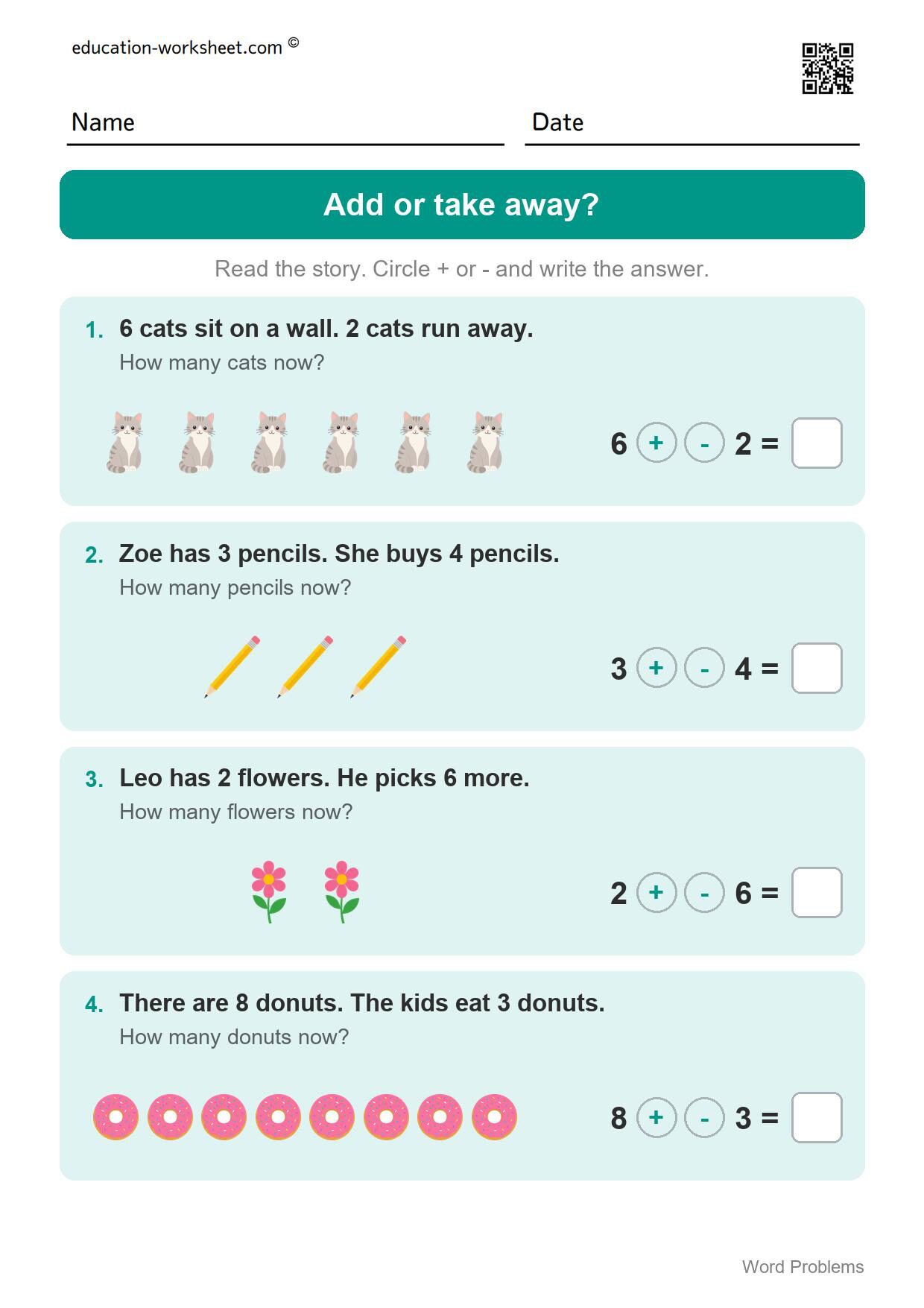 Choose add or subtract (Set 3) - Free Word Problems Worksheets for Kindergarten - Add, Subtract