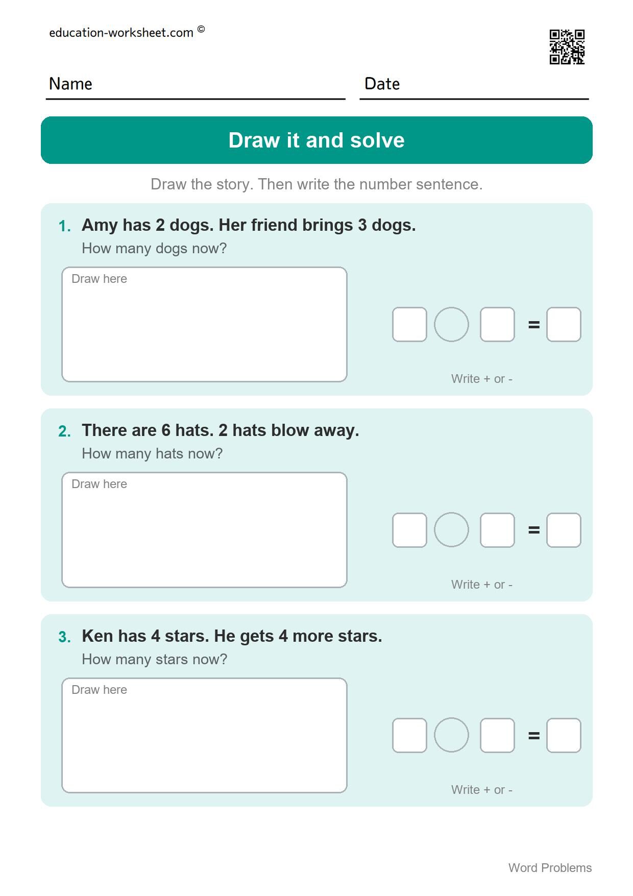 Draw it and solve (Set 4) - Free Word Problems Worksheets for Kindergarten - Add, Subtract