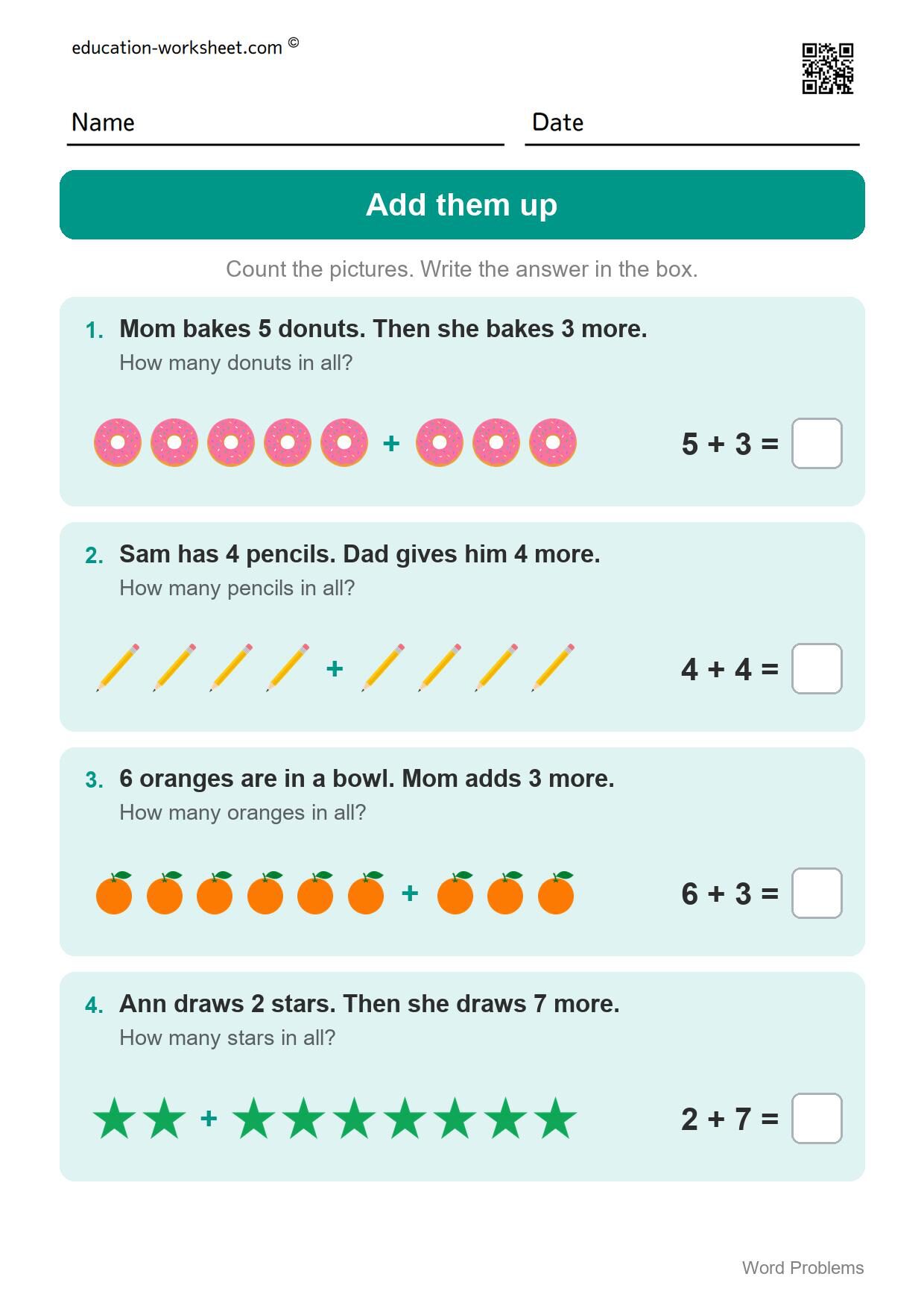 Addition word problems (Set 5) - Free Word Problems Worksheets for Kindergarten - Add, Subtract