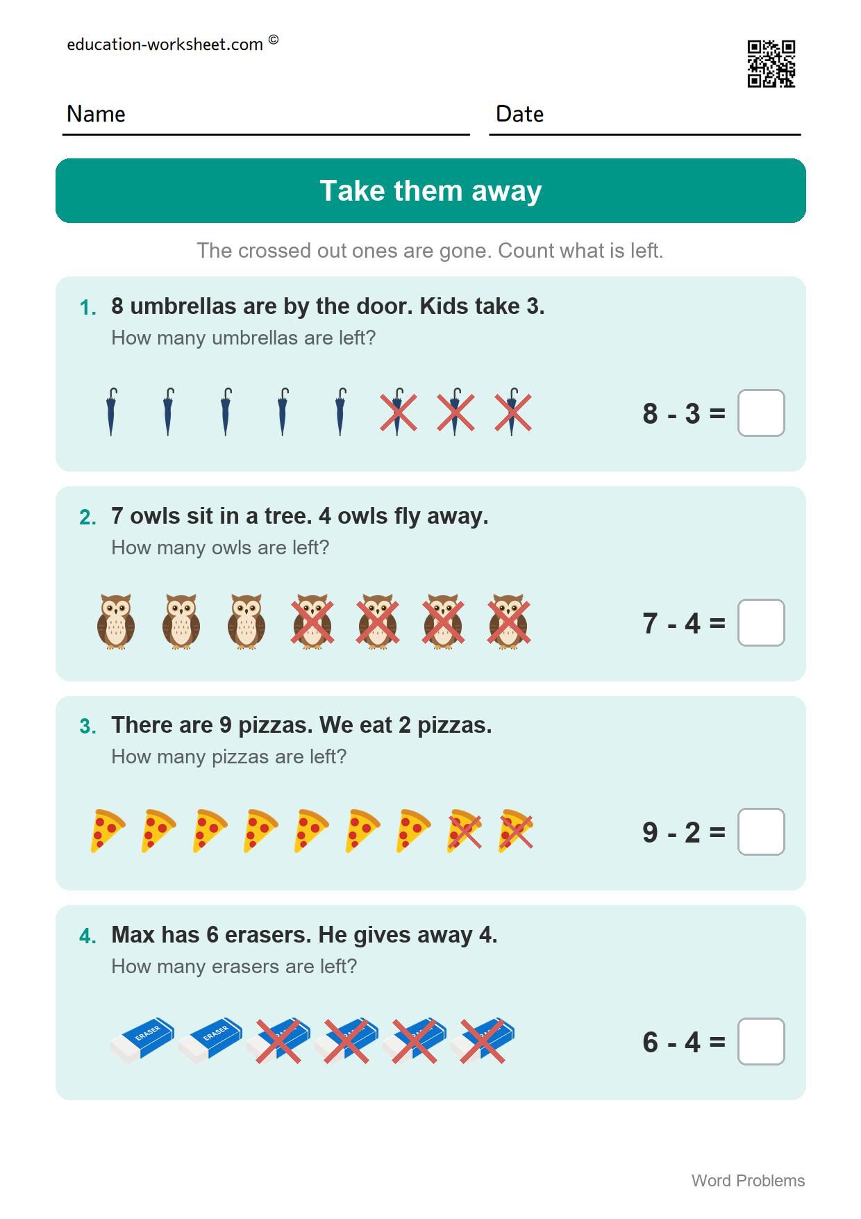 Subtraction word problems (Set 6) - Free Word Problems Worksheets for Kindergarten - Add, Subtract
