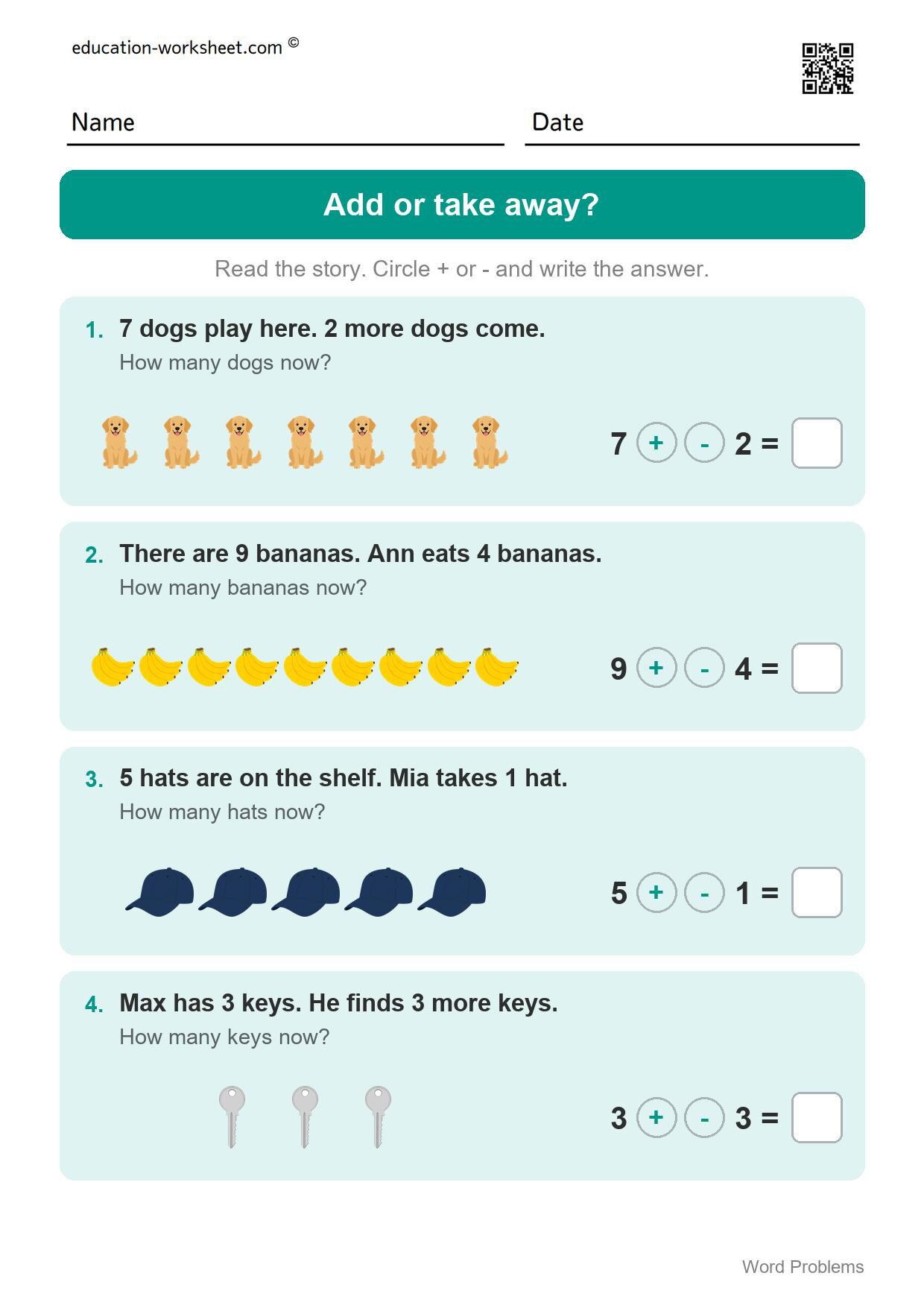 Choose add or subtract (Set 7) - Free Word Problems Worksheets for Kindergarten - Add, Subtract