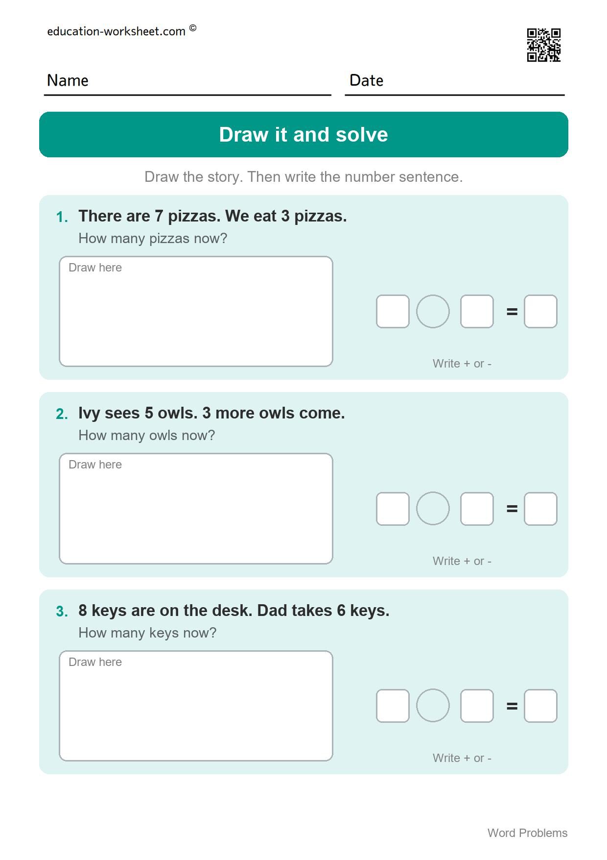 Draw it and solve (Set 8) - Free Word Problems Worksheets for Kindergarten - Add, Subtract