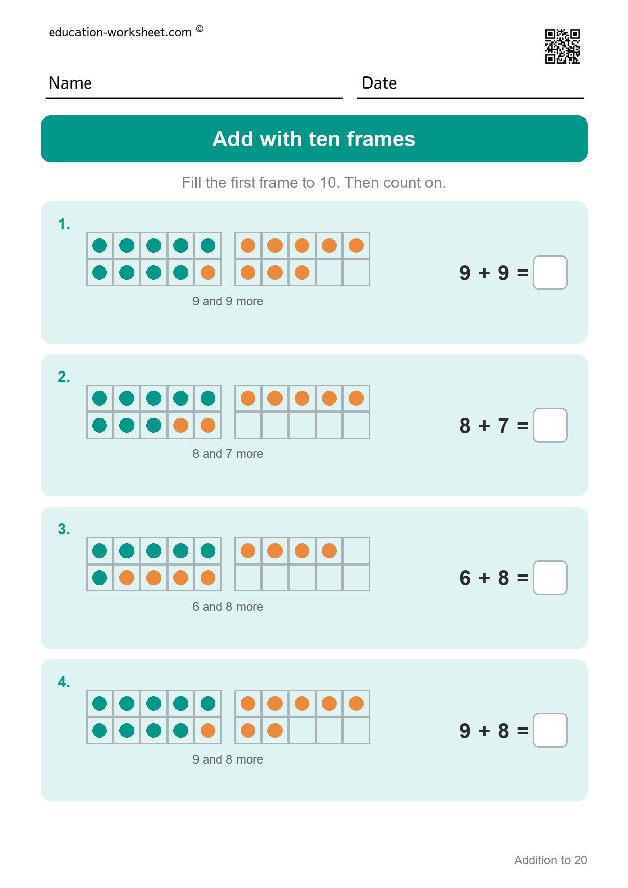 Add with ten frames (Set 9) - Free Addition to 20 Worksheets for Grade 1 - Make Ten