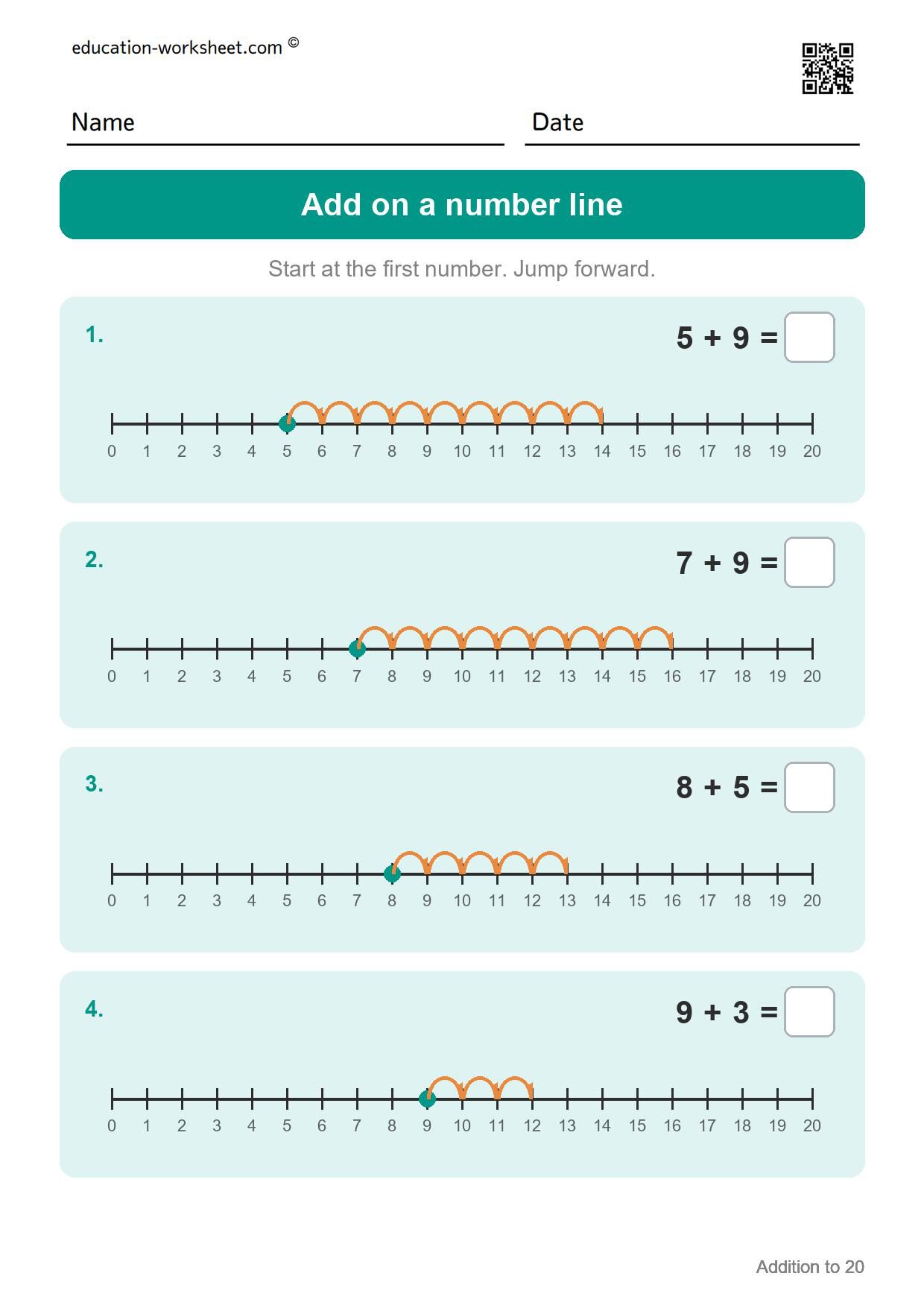 Add on a number line (Set 10) - Free Addition to 20 Worksheets for Grade 1 - Make Ten