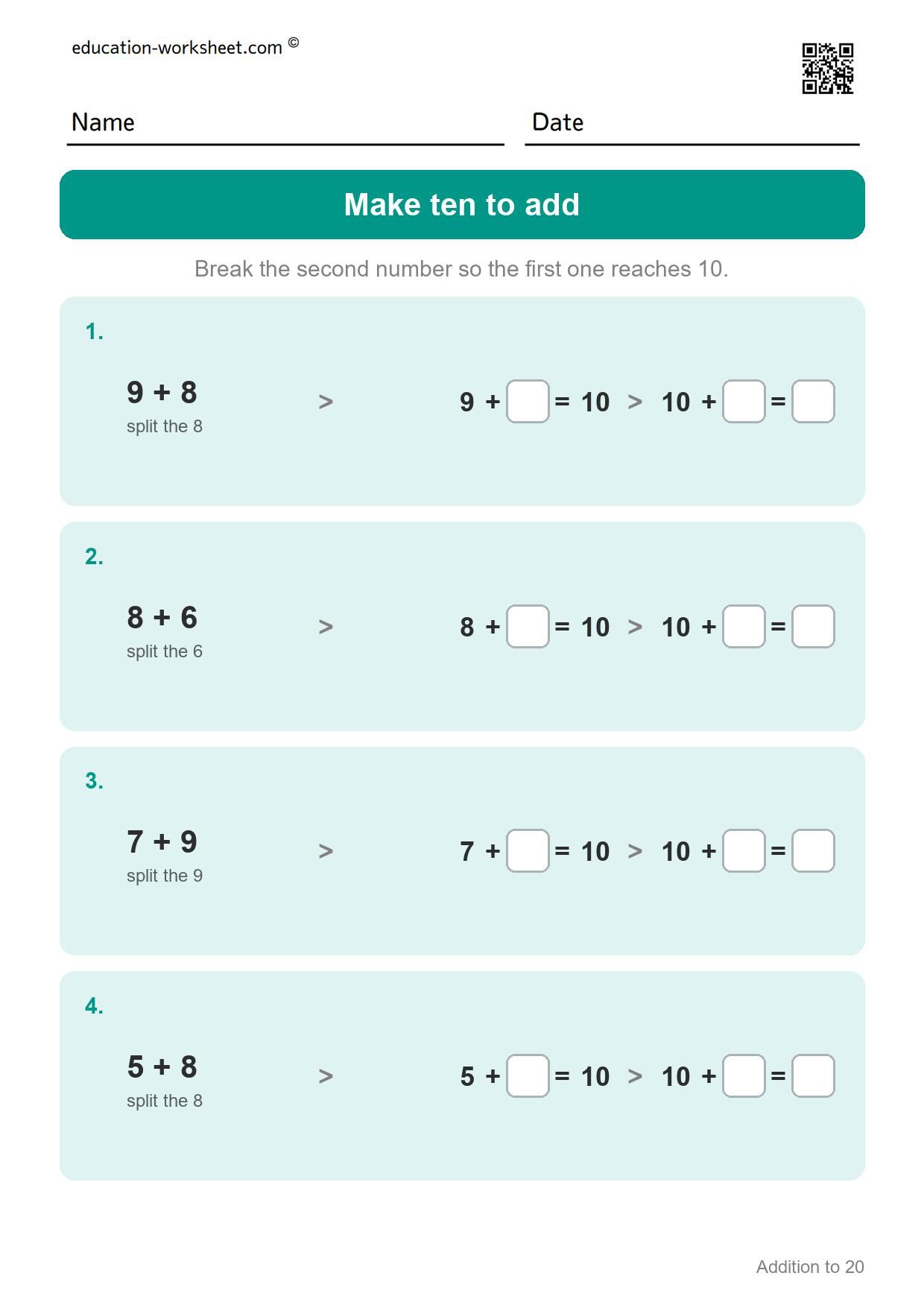Make ten to add (Set 11) - Free Addition to 20 Worksheets for Grade 1 - Make Ten