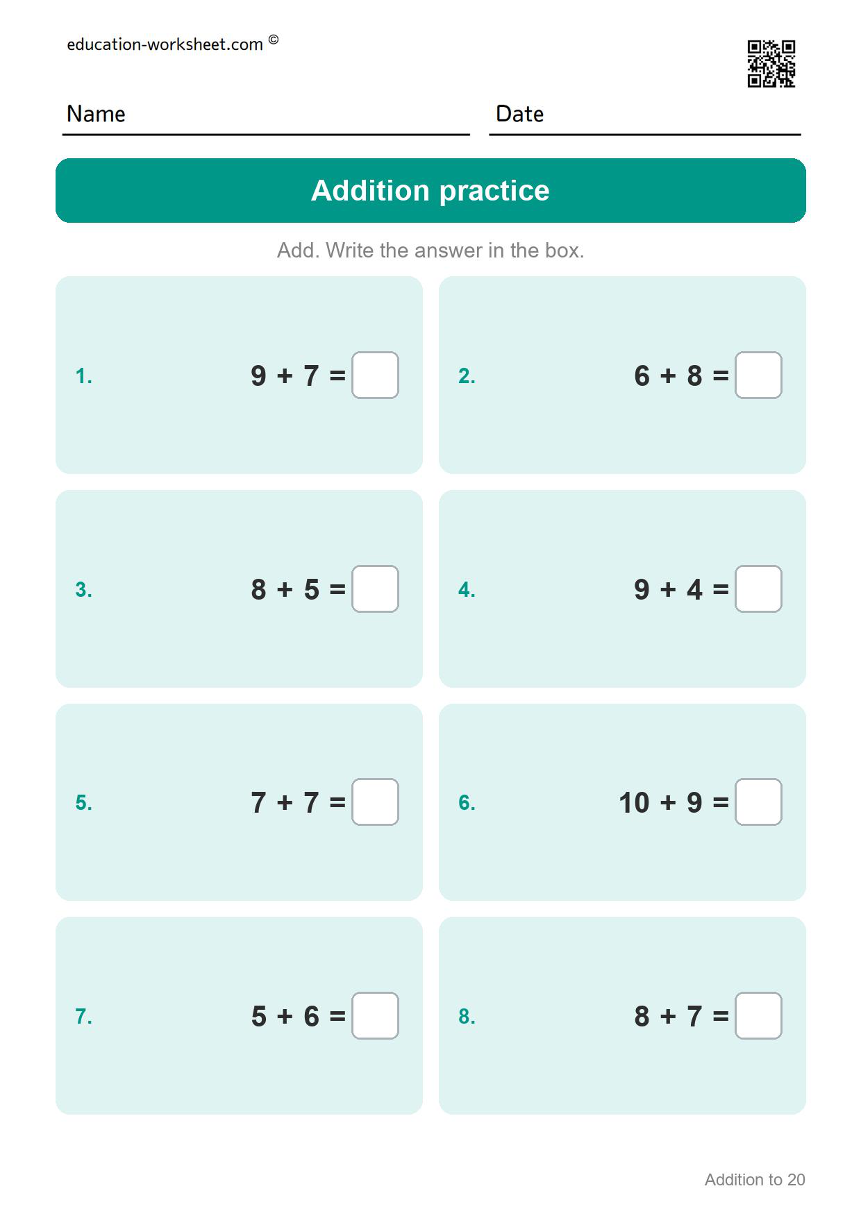 Addition practice (Set 12) - Free Addition to 20 Worksheets for Grade 1 - Make Ten