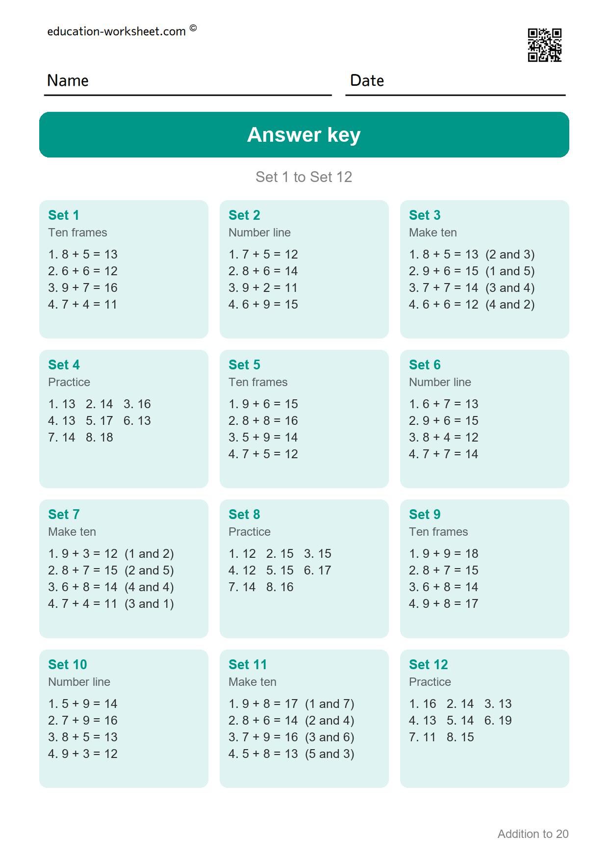 Answer key - Free Addition to 20 Worksheets for Grade 1 - Make Ten