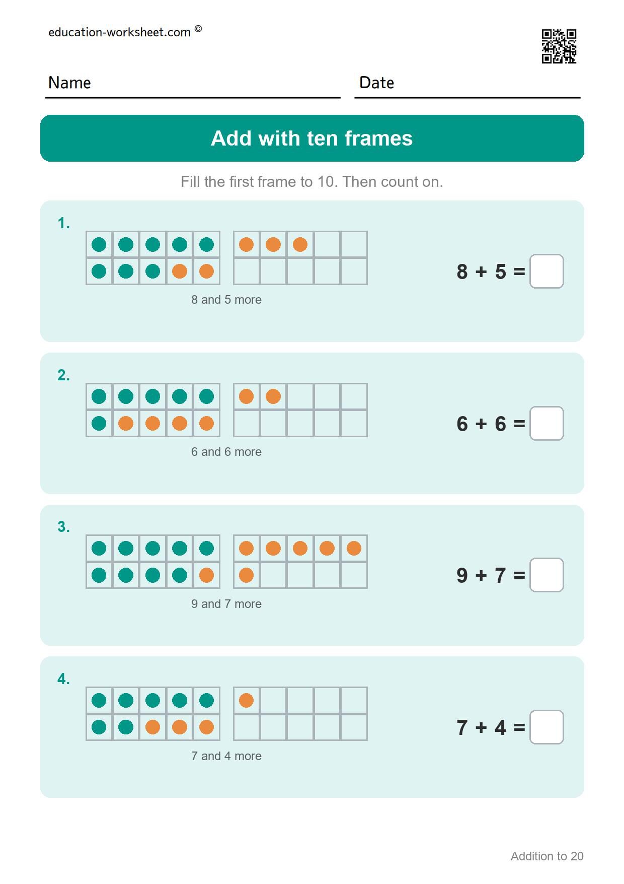Add with ten frames (Set 1) - Free Addition to 20 Worksheets for Grade 1 - Make Ten