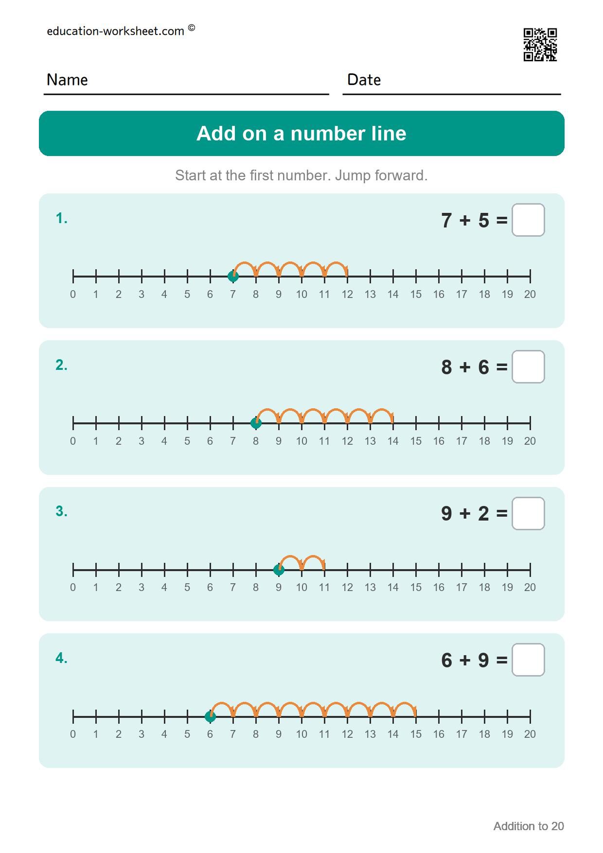 Add on a number line (Set 2) - Free Addition to 20 Worksheets for Grade 1 - Make Ten