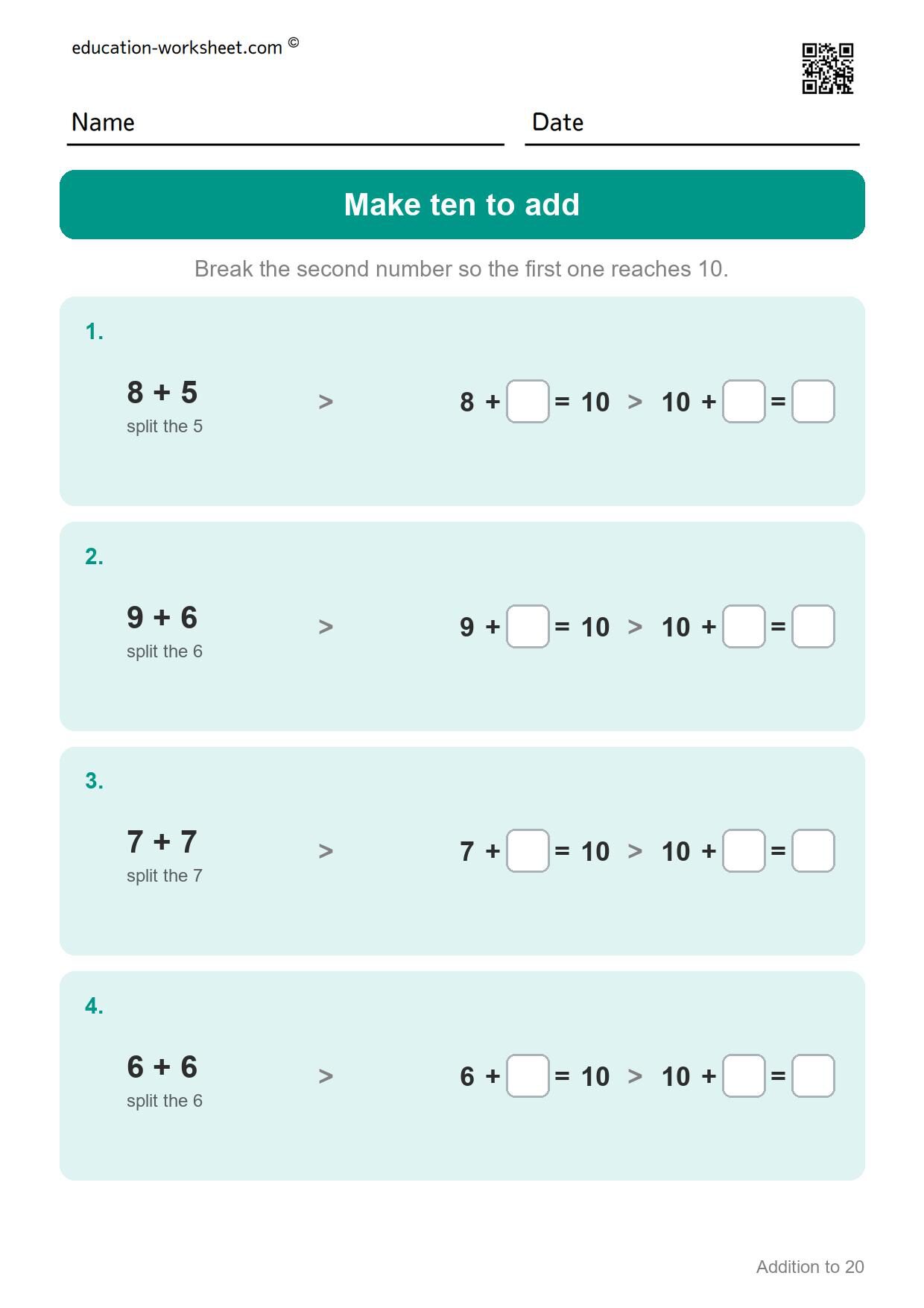 Make ten to add (Set 3) - Free Addition to 20 Worksheets for Grade 1 - Make Ten