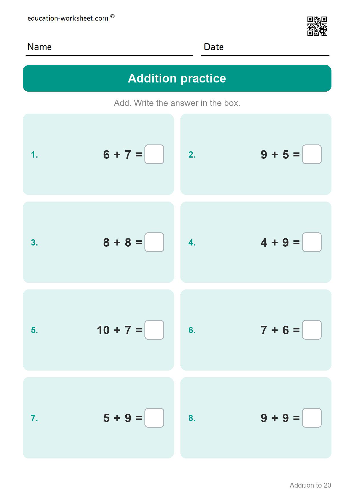 Addition practice (Set 4) - Free Addition to 20 Worksheets for Grade 1 - Make Ten