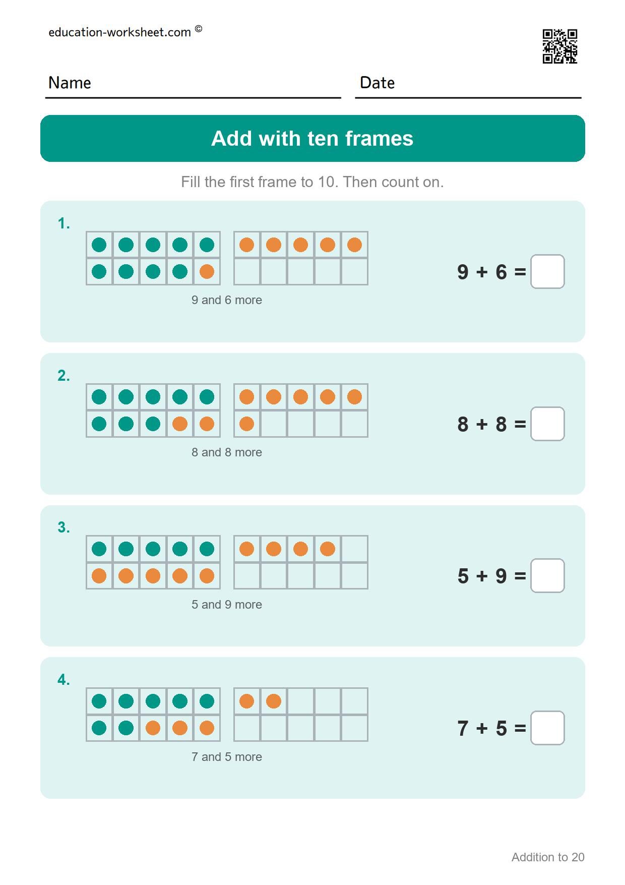 Add with ten frames (Set 5) - Free Addition to 20 Worksheets for Grade 1 - Make Ten