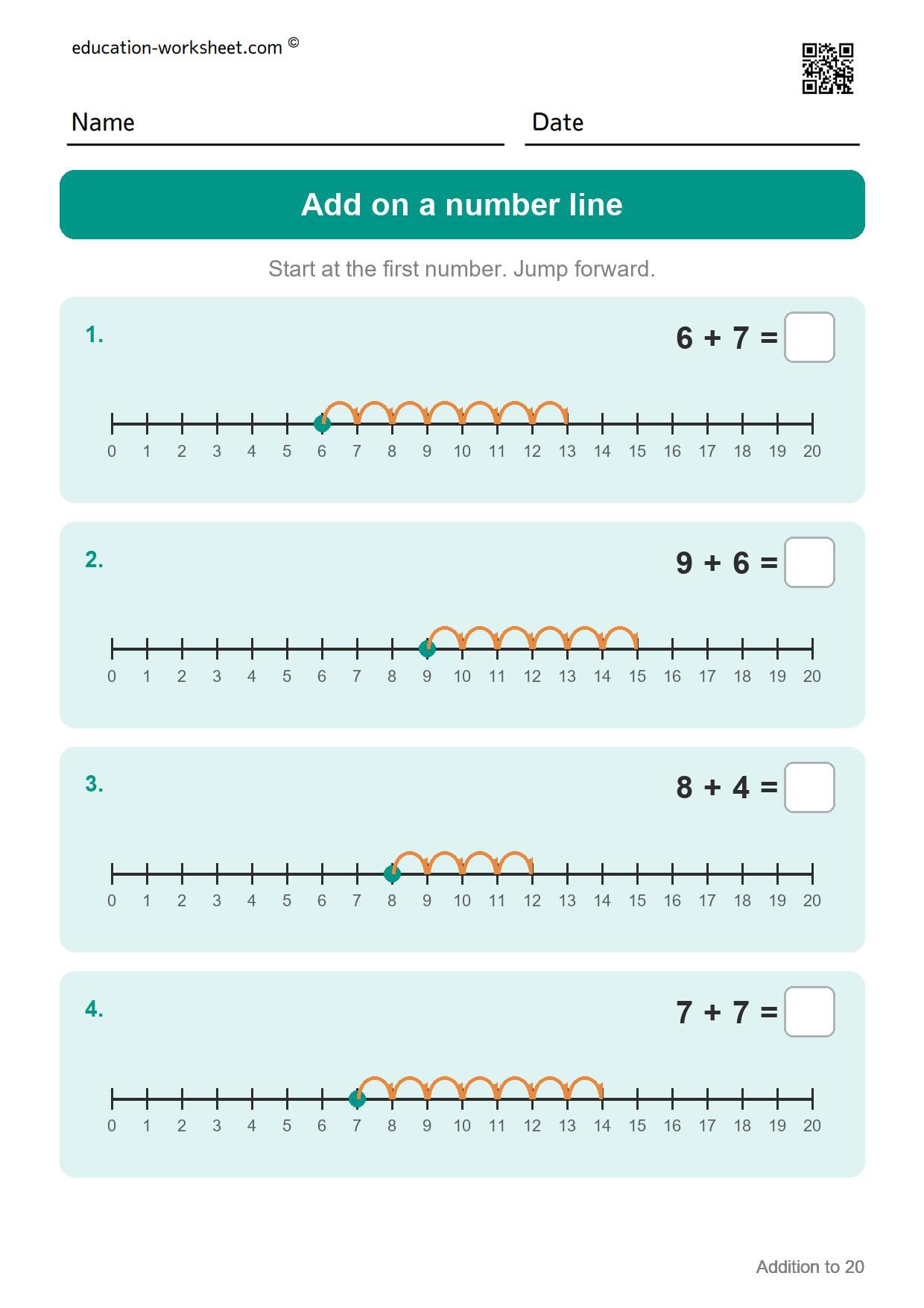 Add on a number line (Set 6) - Free Addition to 20 Worksheets for Grade 1 - Make Ten