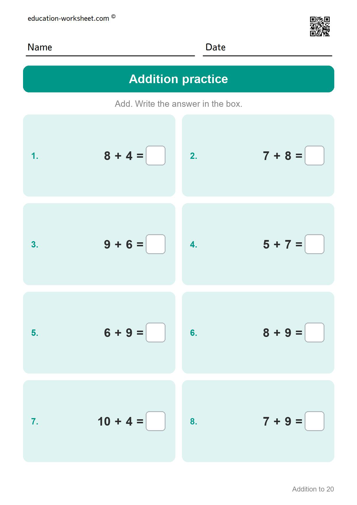 Addition practice (Set 8) - Free Addition to 20 Worksheets for Grade 1 - Make Ten