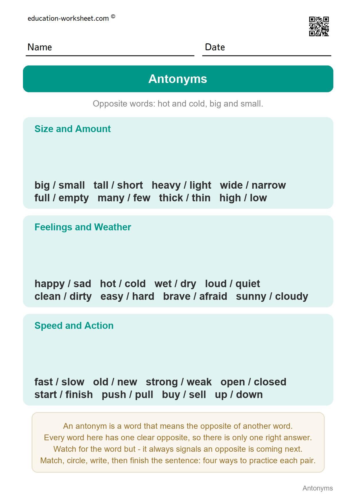 Antonyms (start here) - Free Antonyms Worksheets for Grade 1 - Opposite Words
