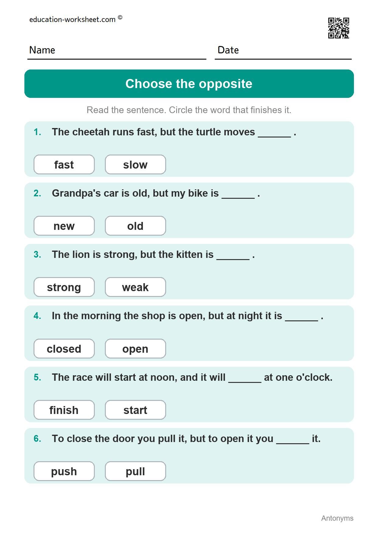Choose the opposite - Speed and Action (Set 10) - Free Antonyms Worksheets for Grade 1 - Opposite Words