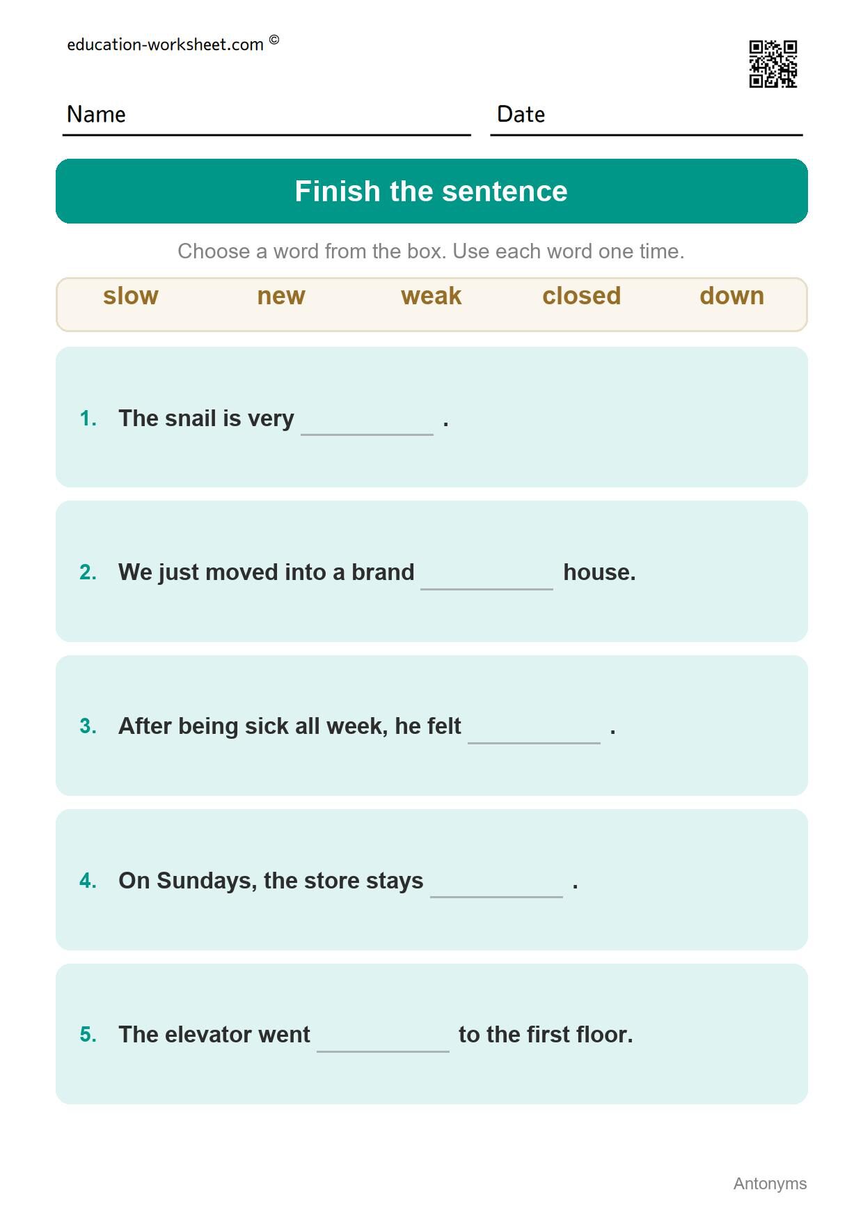 Finish the sentence - Speed and Action (Set 12) - Free Antonyms Worksheets for Grade 1 - Opposite Words
