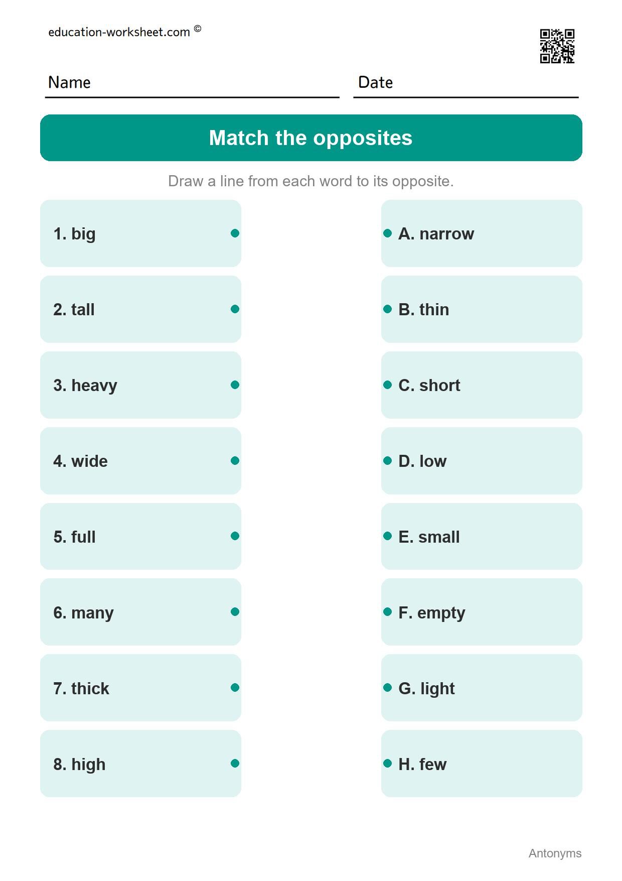 Match the opposites - Size and Amount (Set 1) - Free Antonyms Worksheets for Grade 1 - Opposite Words