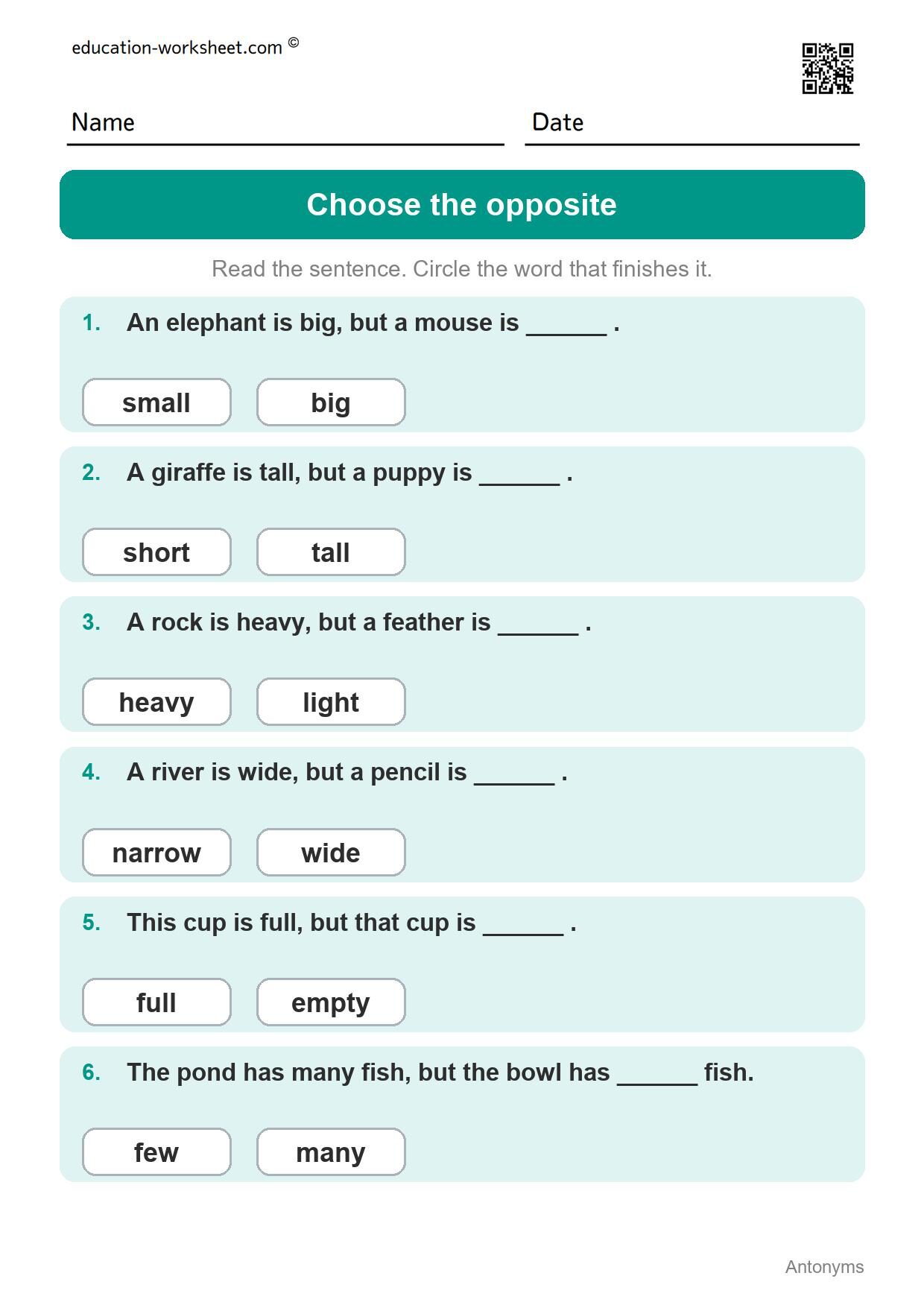 Choose the opposite - Size and Amount (Set 2) - Free Antonyms Worksheets for Grade 1 - Opposite Words