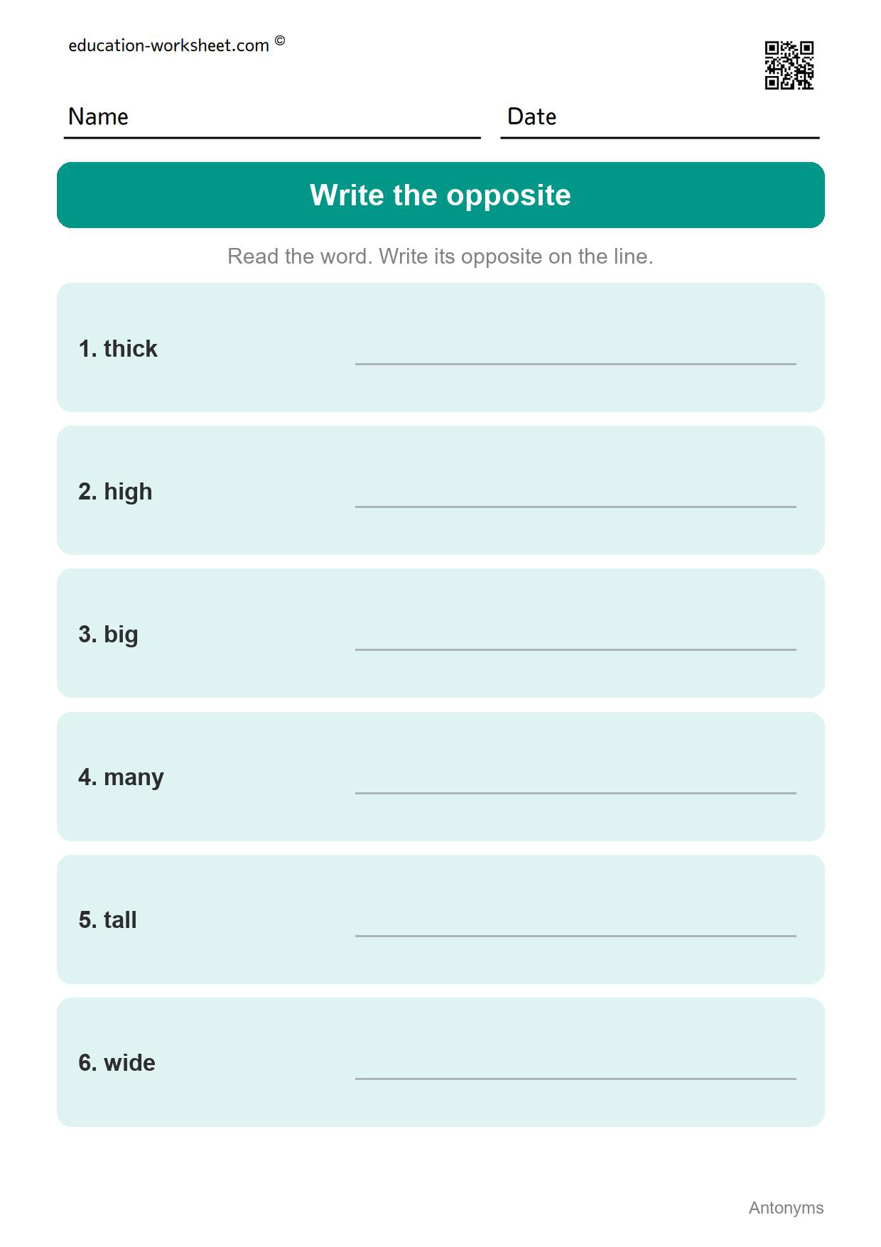 Write the opposite - Size and Amount (Set 3) - Free Antonyms Worksheets for Grade 1 - Opposite Words