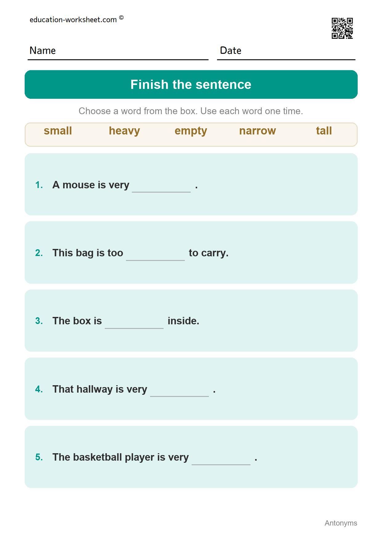 Finish the sentence - Size and Amount (Set 4) - Free Antonyms Worksheets for Grade 1 - Opposite Words