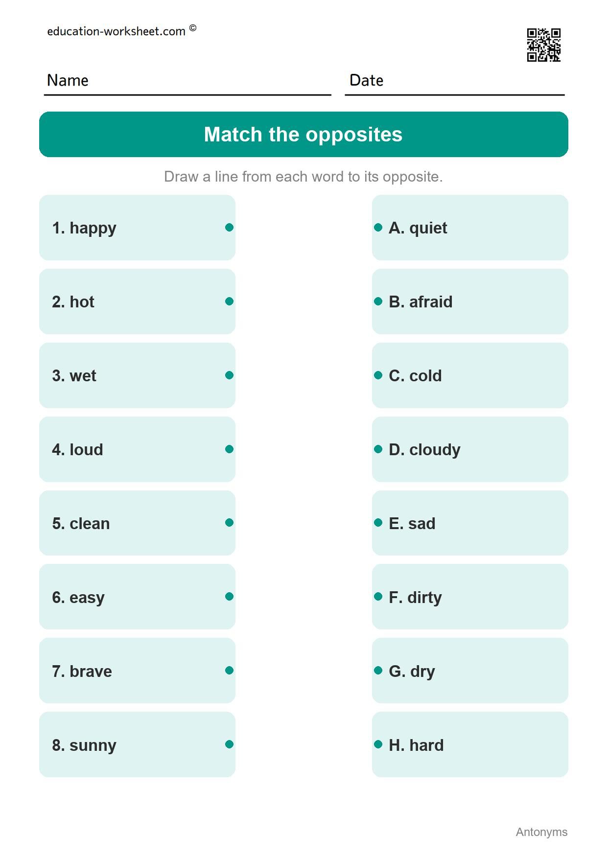 Match the opposites - Feelings and Weather (Set 5) - Free Antonyms Worksheets for Grade 1 - Opposite Words