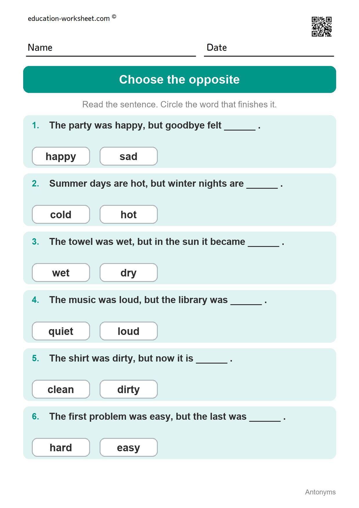 Choose the opposite - Feelings and Weather (Set 6) - Free Antonyms Worksheets for Grade 1 - Opposite Words