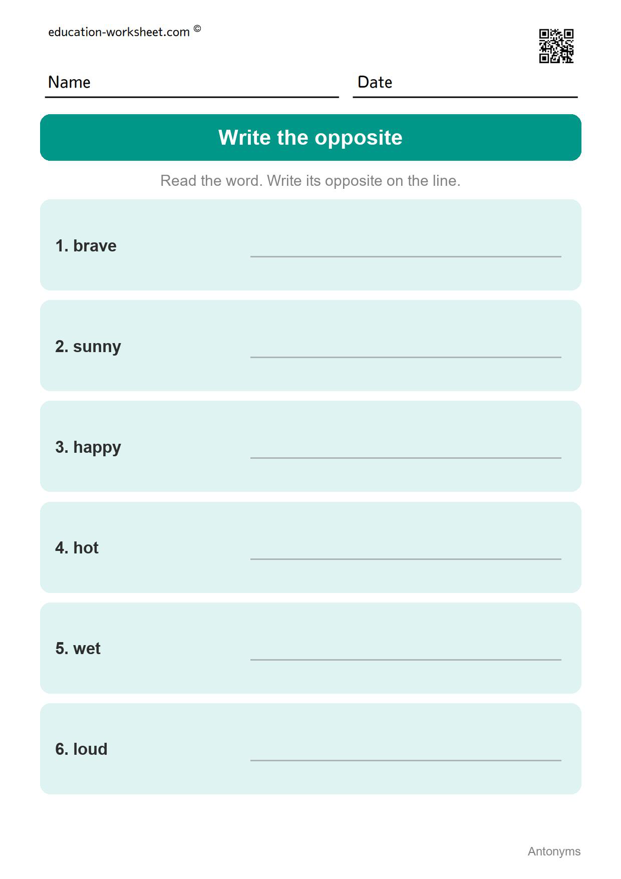 Write the opposite - Feelings and Weather (Set 7) - Free Antonyms Worksheets for Grade 1 - Opposite Words