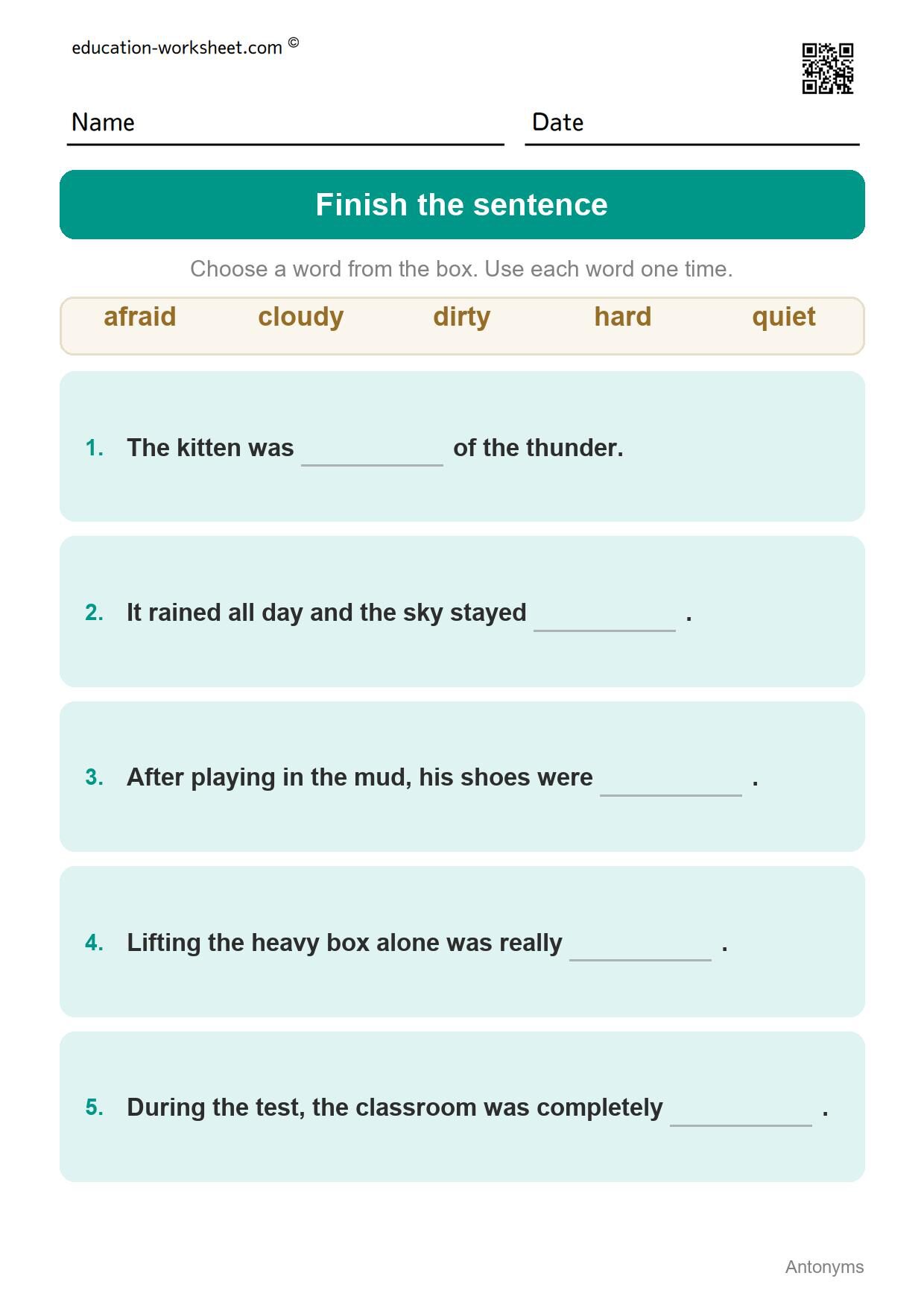 Finish the sentence - Feelings and Weather (Set 8) - Free Antonyms Worksheets for Grade 1 - Opposite Words