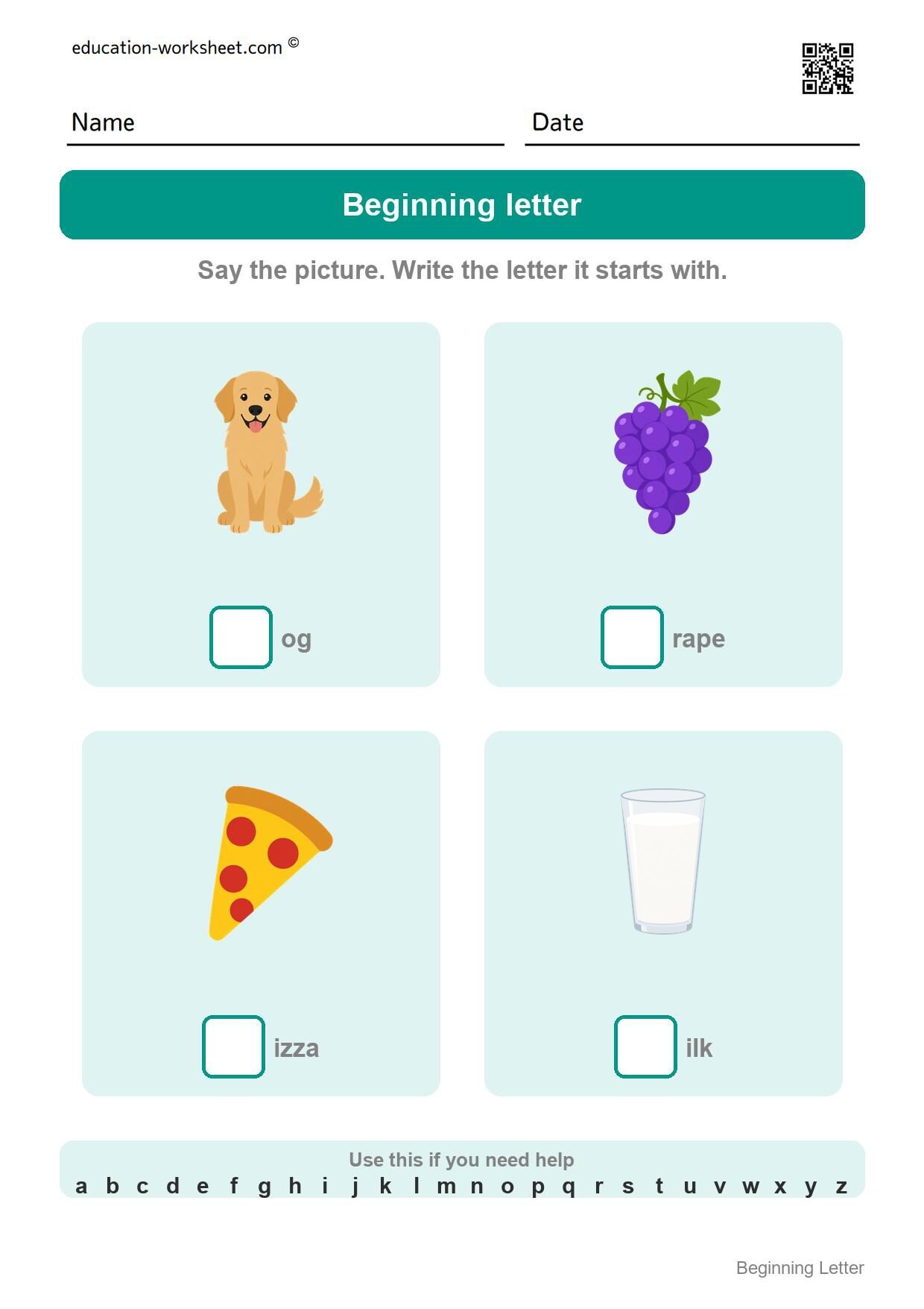 Beginning letter worksheet 9 for kindergarten - write the first letter for dog, grape, pizza, milk