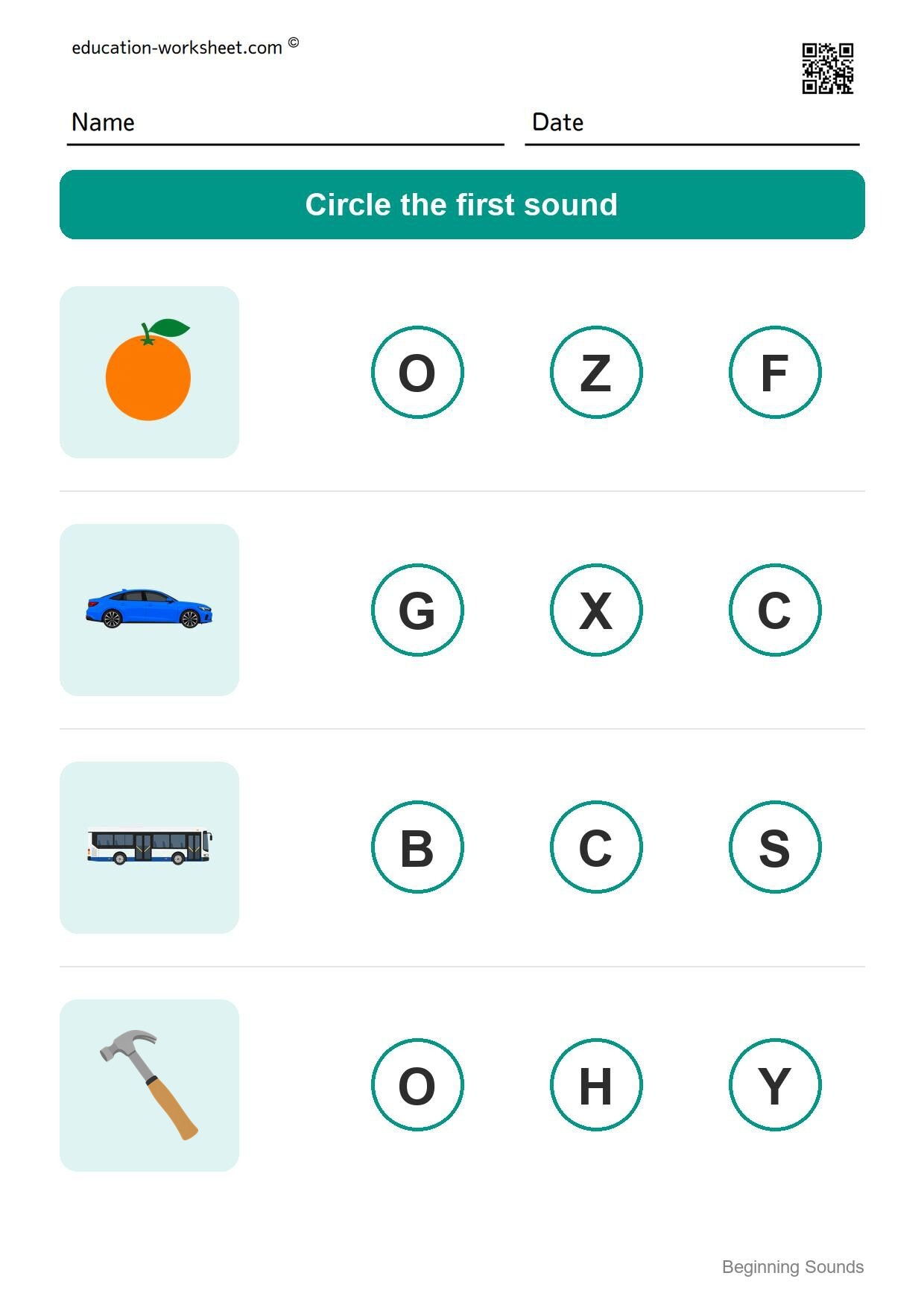 Beginning sounds worksheet 6 - circle the first sound for an orange, a car, a bus and a hammer