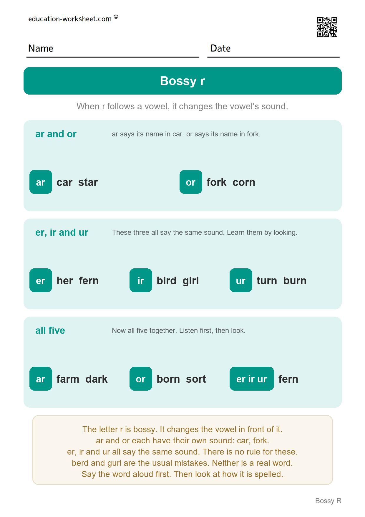 Bossy r (start here) - Free R-Controlled Vowels Worksheets for Grade 1 - Bossy R