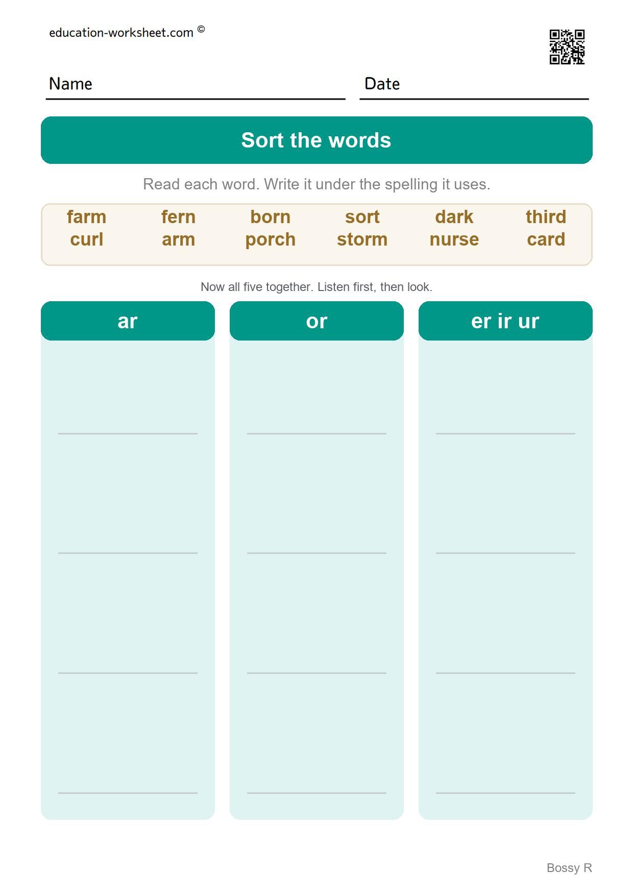 Sort the words - all five (Set 9) - Free R-Controlled Vowels Worksheets for Grade 1 - Bossy R