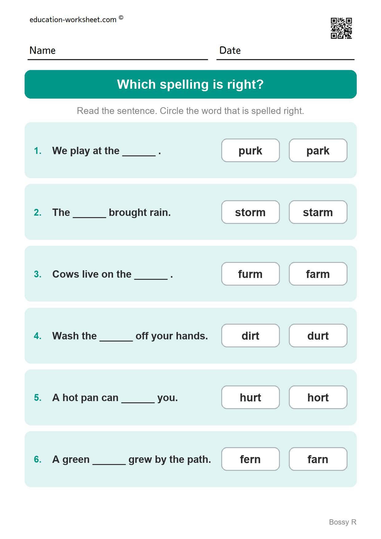 Which spelling is right? all five (Set 10) - Free R-Controlled Vowels Worksheets for Grade 1 - Bossy R
