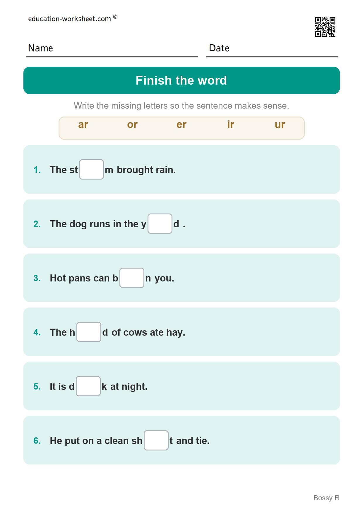 Finish the word - all five (Set 11) - Free R-Controlled Vowels Worksheets for Grade 1 - Bossy R