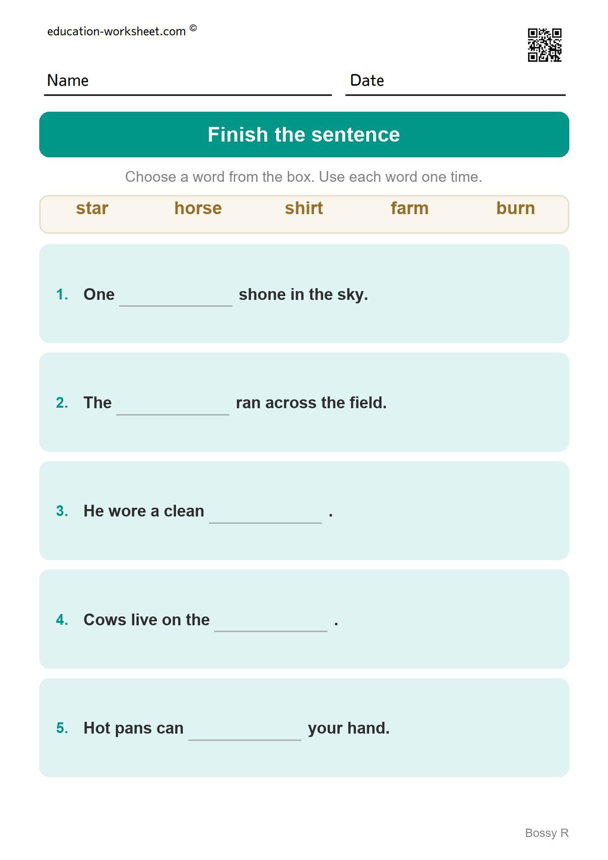 Finish the sentence - all five (Set 12) - Free R-Controlled Vowels Worksheets for Grade 1 - Bossy R
