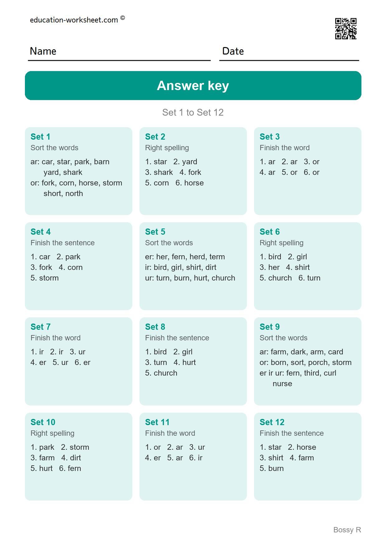 Answer key - Free R-Controlled Vowels Worksheets for Grade 1 - Bossy R