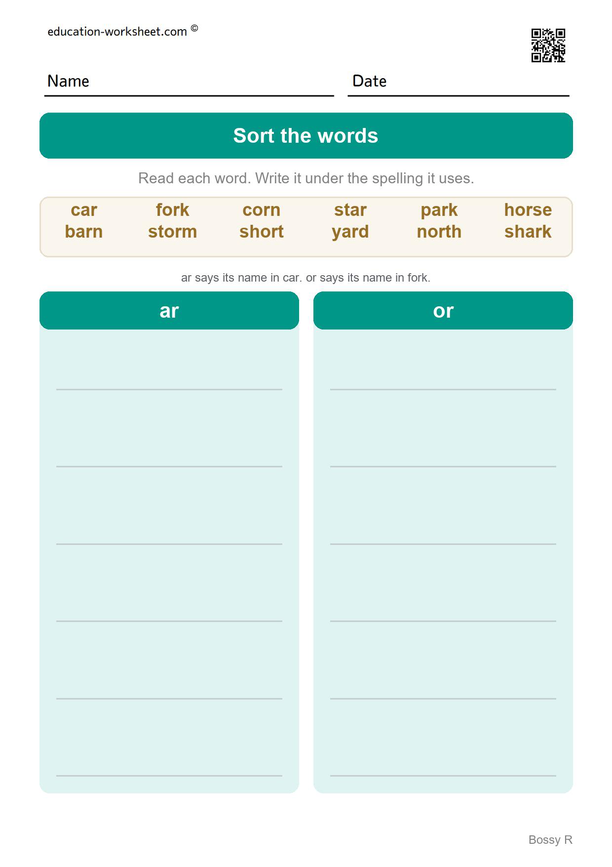 Sort the words - ar and or (Set 1) - Free R-Controlled Vowels Worksheets for Grade 1 - Bossy R