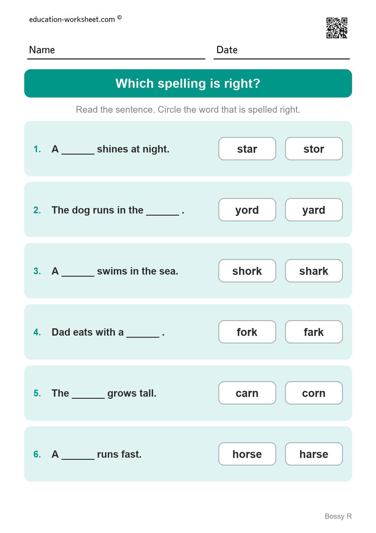 Which spelling is right? ar and or (Set 2) - Free R-Controlled Vowels Worksheets for Grade 1 - Bossy R