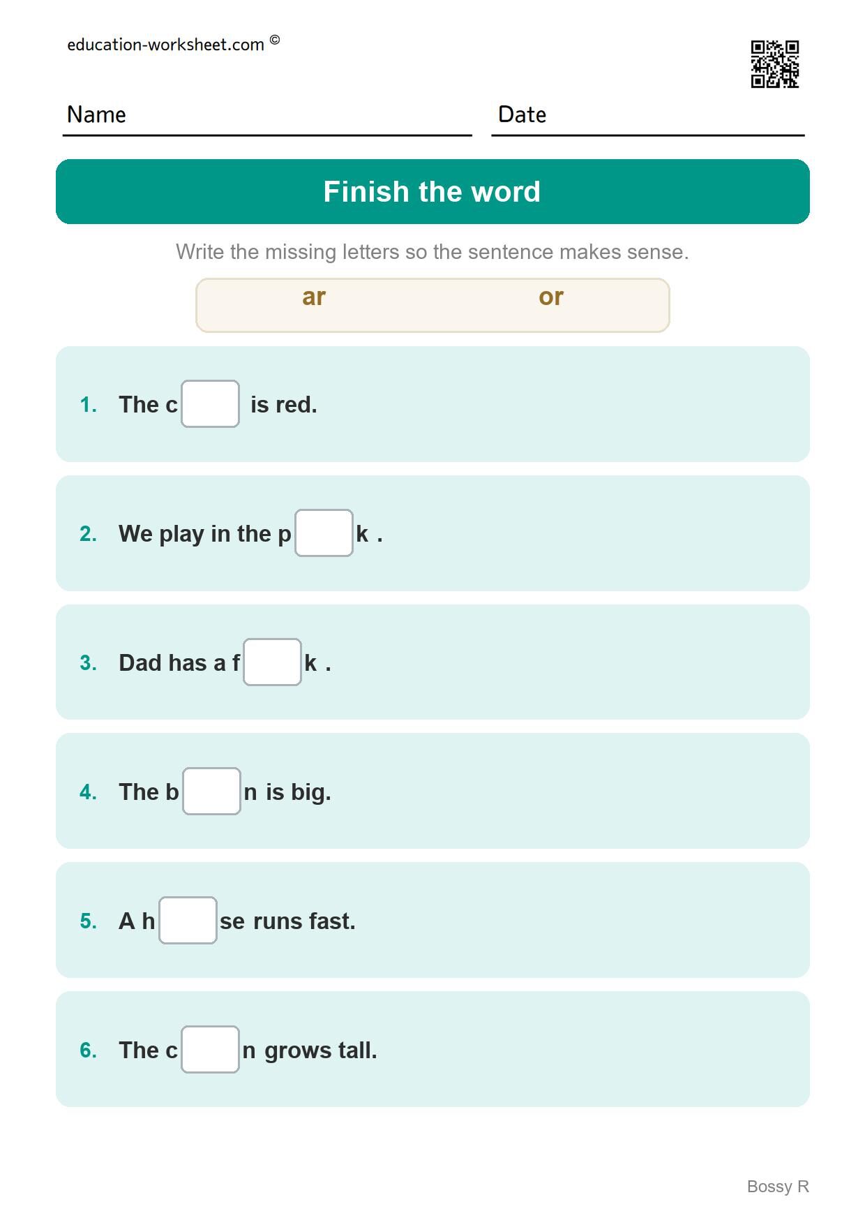 Finish the word - ar and or (Set 3) - Free R-Controlled Vowels Worksheets for Grade 1 - Bossy R