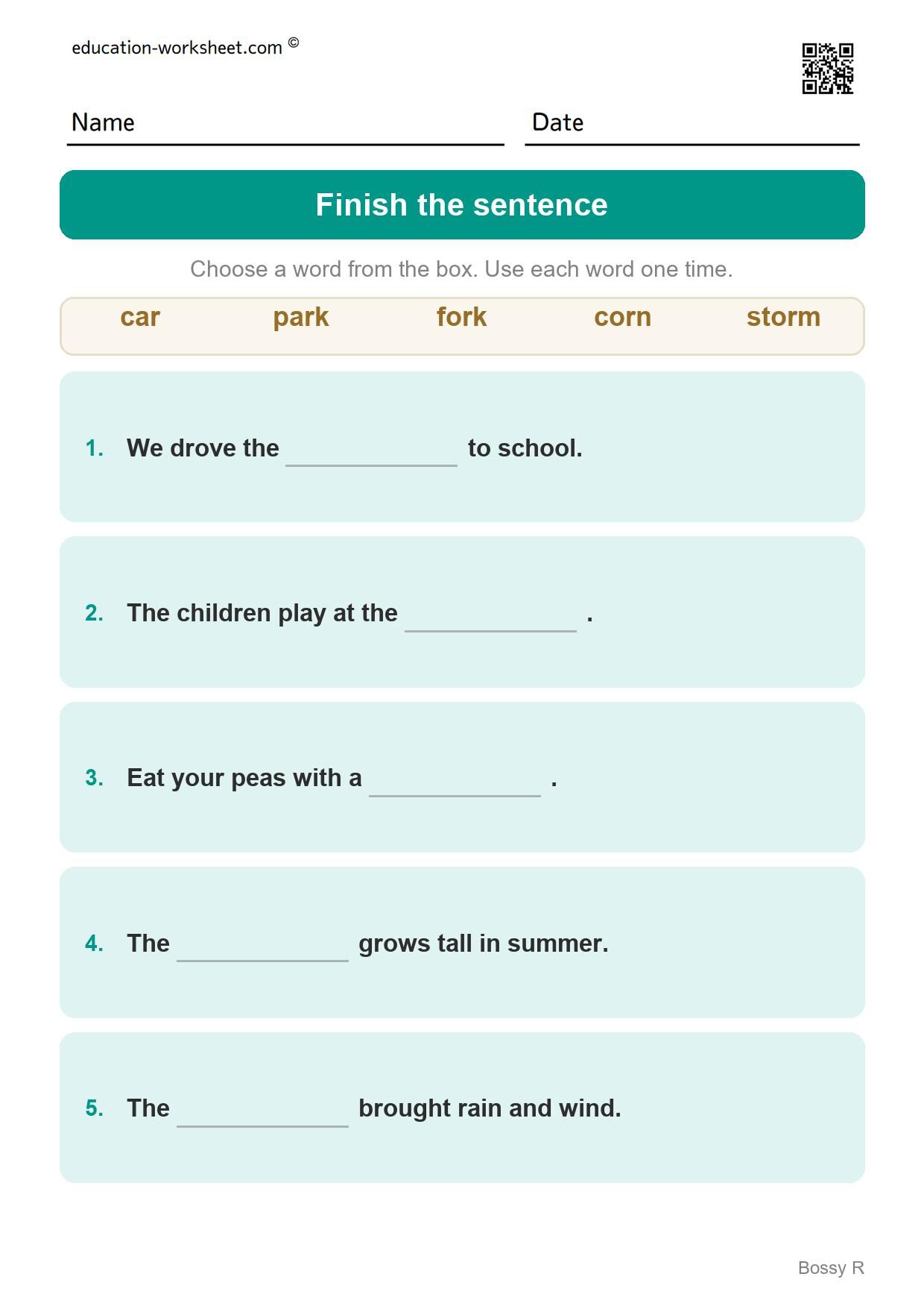 Finish the sentence - ar and or (Set 4) - Free R-Controlled Vowels Worksheets for Grade 1 - Bossy R