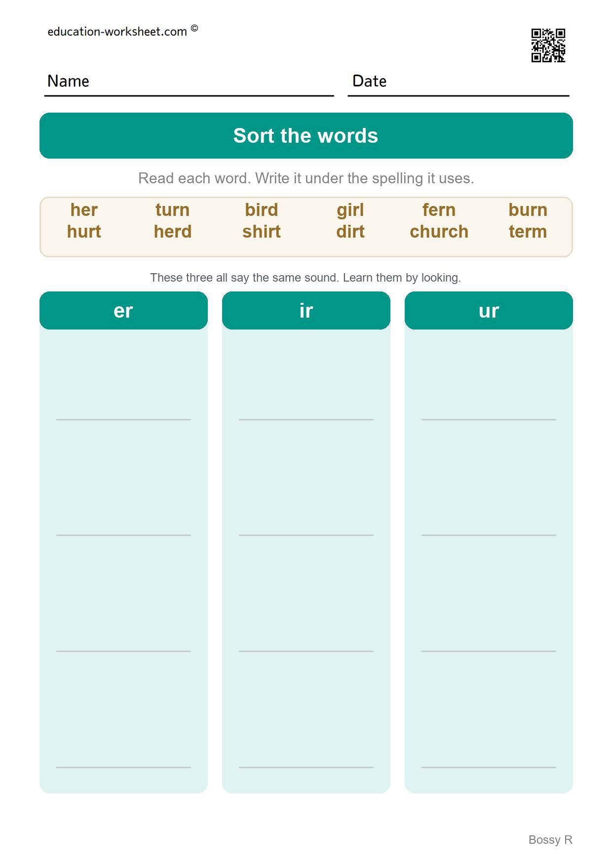 Sort the words - er, ir and ur (Set 5) - Free R-Controlled Vowels Worksheets for Grade 1 - Bossy R
