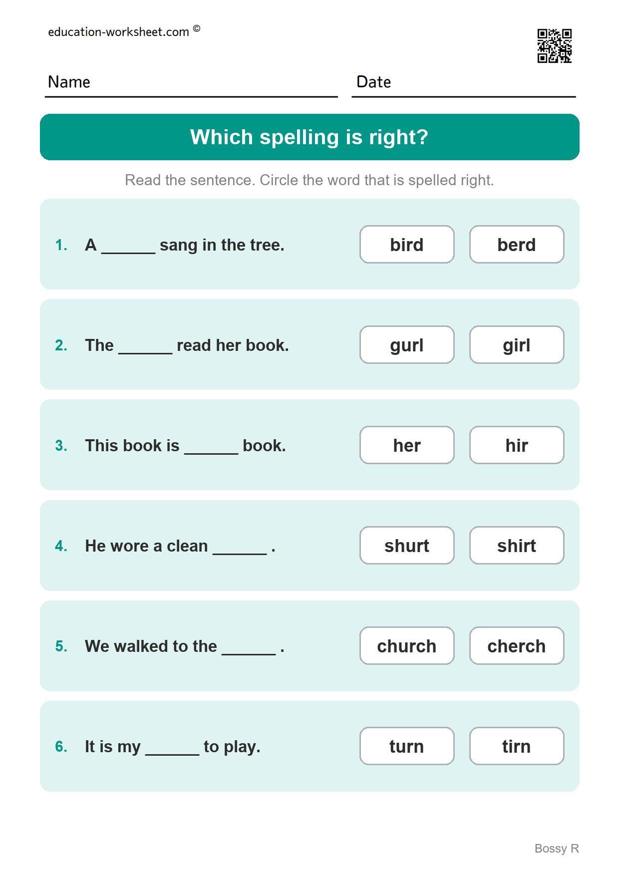 Which spelling is right? er, ir and ur (Set 6) - Free R-Controlled Vowels Worksheets for Grade 1 - Bossy R