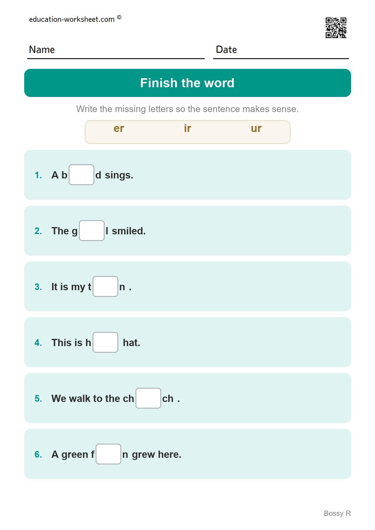 Finish the word - er, ir and ur (Set 7) - Free R-Controlled Vowels Worksheets for Grade 1 - Bossy R